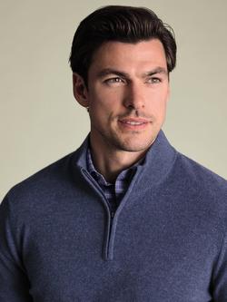 Charles Tyrwhitt Cashmere Zip Neck Fleece Jumper - view 2, Denim Blue