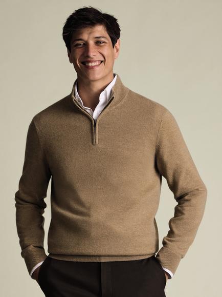 Charles Tyrwhitt Cashmere Zip Neck Fleece Jumper, Tan