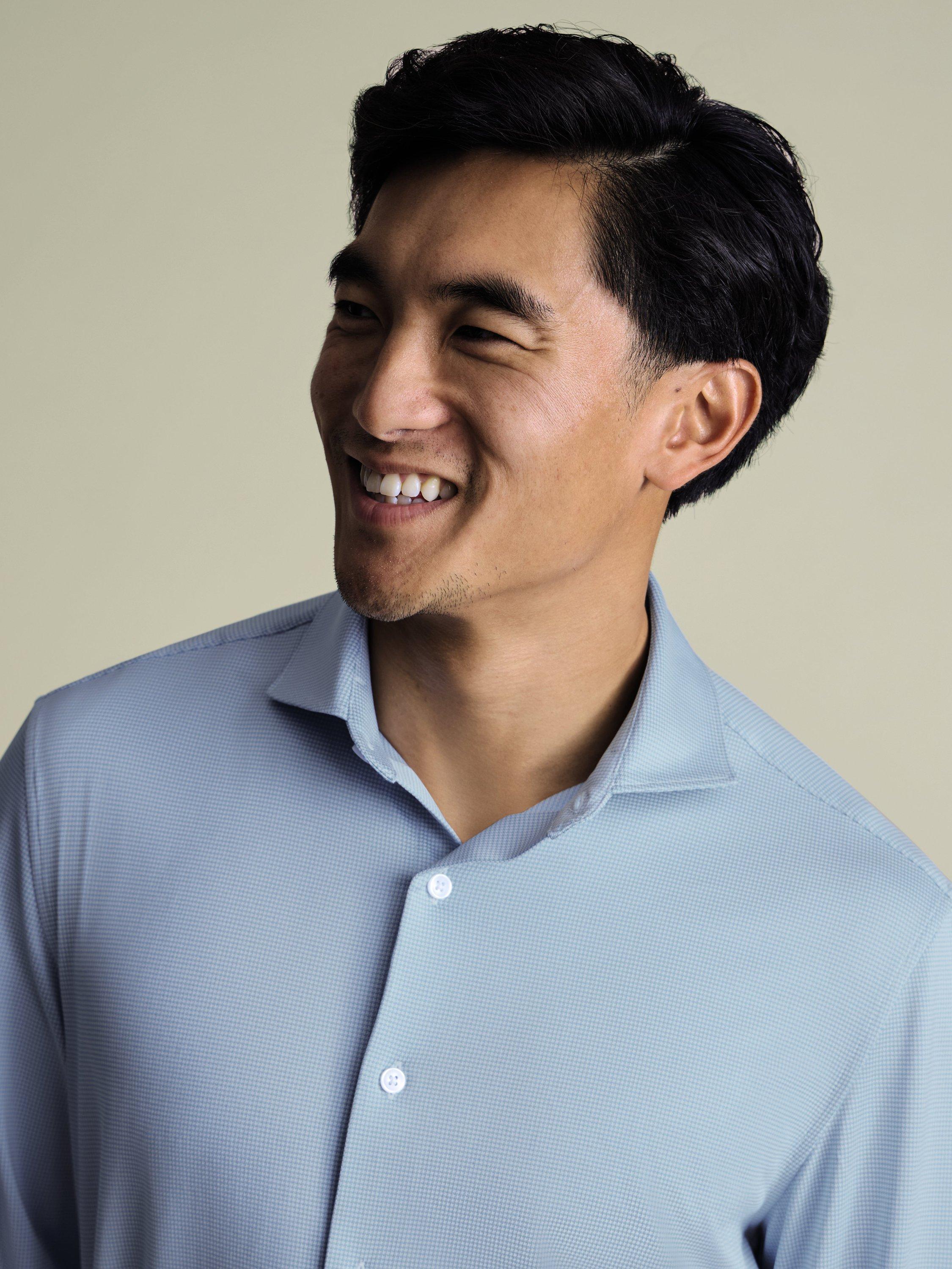 Product image 2 of 6, which shows Charles Tyrwhitt Regular Fit Performance Jersey Shirt, Light Blue, XS