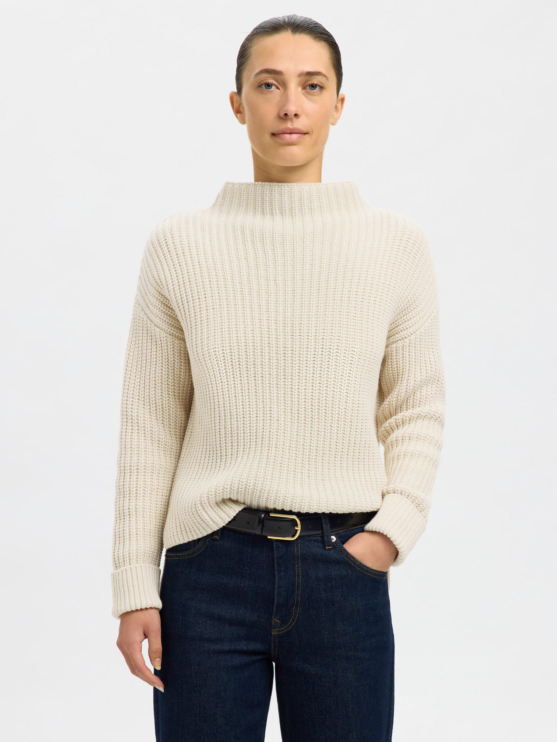 Product image 1 of 6, which shows Selected Selma High Crew Neck Jumper, Cream, XS