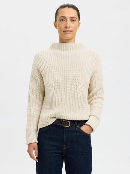 Selected Selma High Crew Neck Jumper, Cream