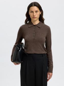Selected Thea Pure Wool Polo Jumper, Brown, Brown