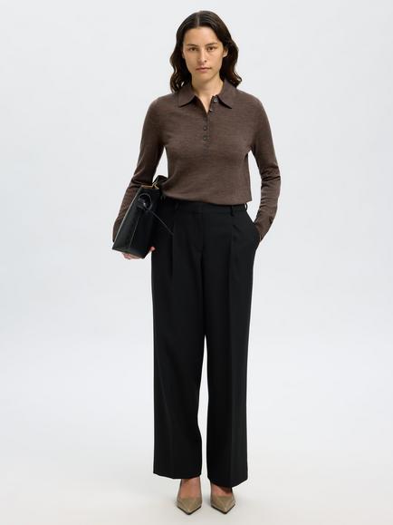 Selected Thea Pure Wool Polo Jumper, Brown - view 2, Brown