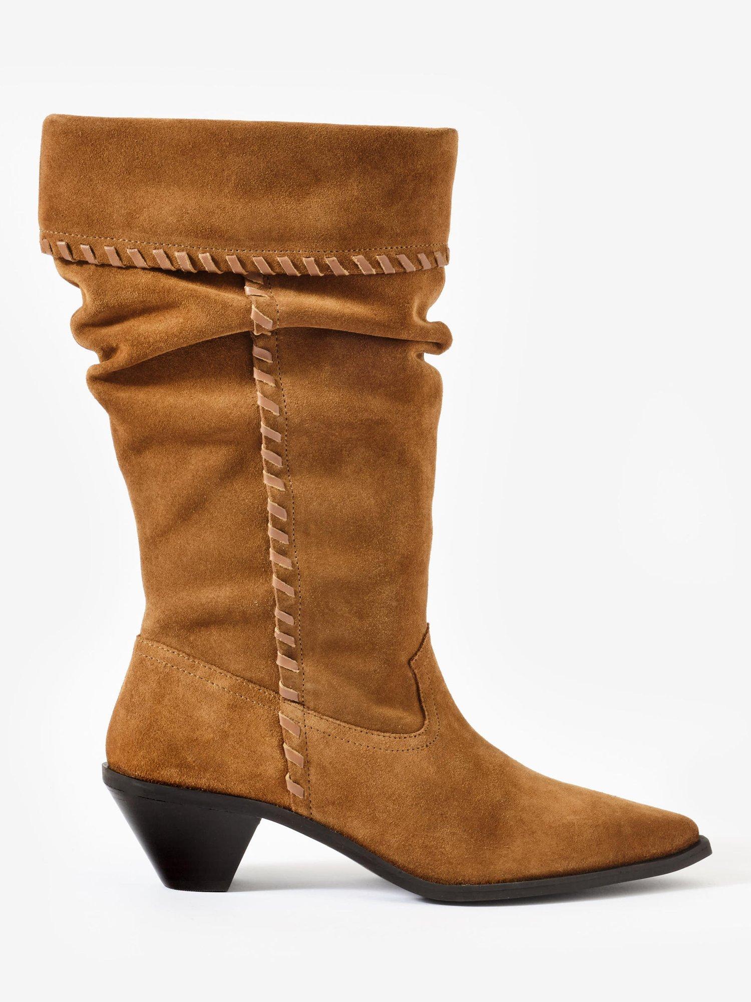 Product image 1 of 4, which shows Mint Velvet Isabelle Suede Whipstitch Calf Boots, Tan, 4