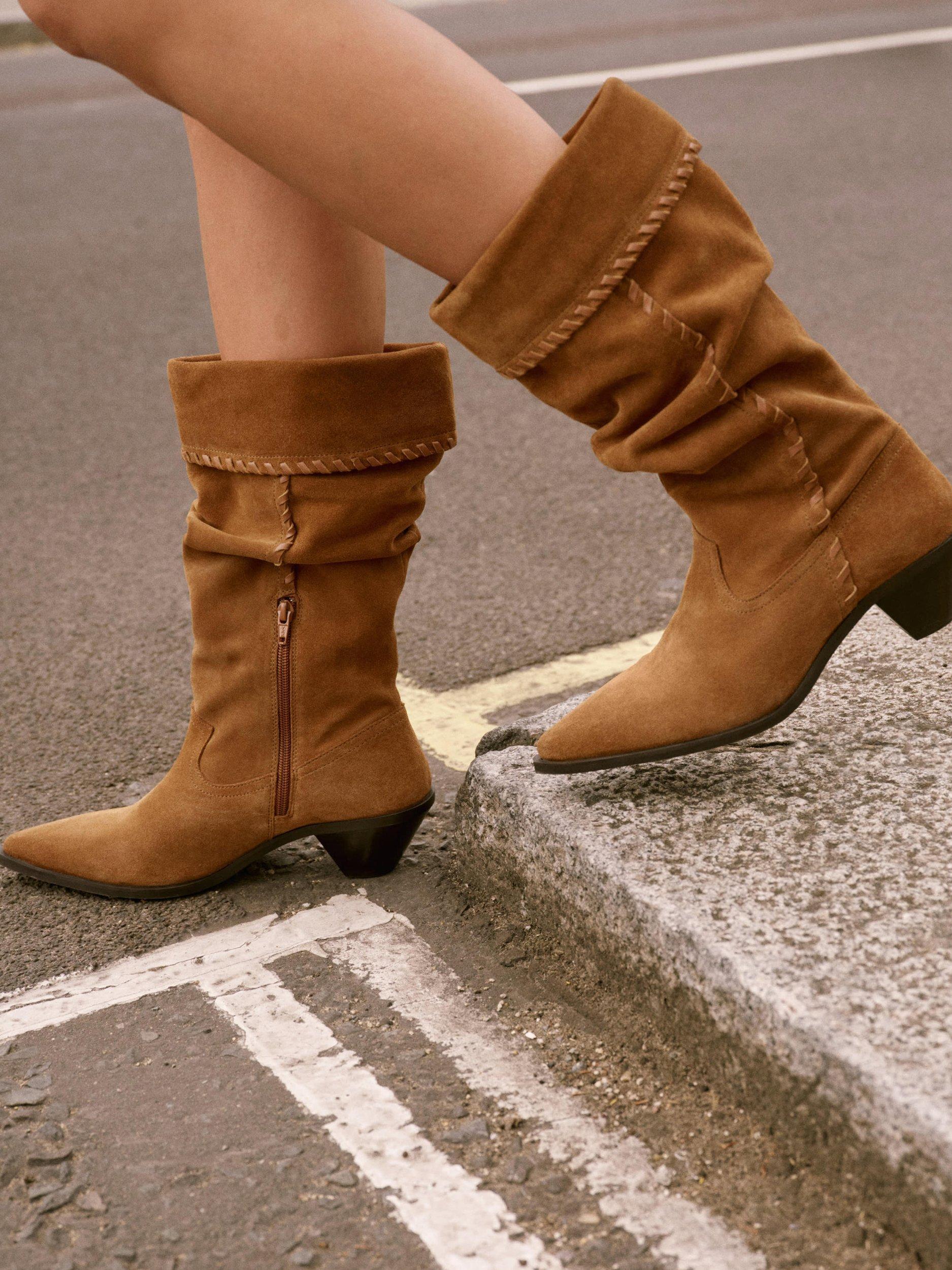 Product image 2 of 4, which shows Mint Velvet Isabelle Suede Whipstitch Calf Boots, Tan, 4