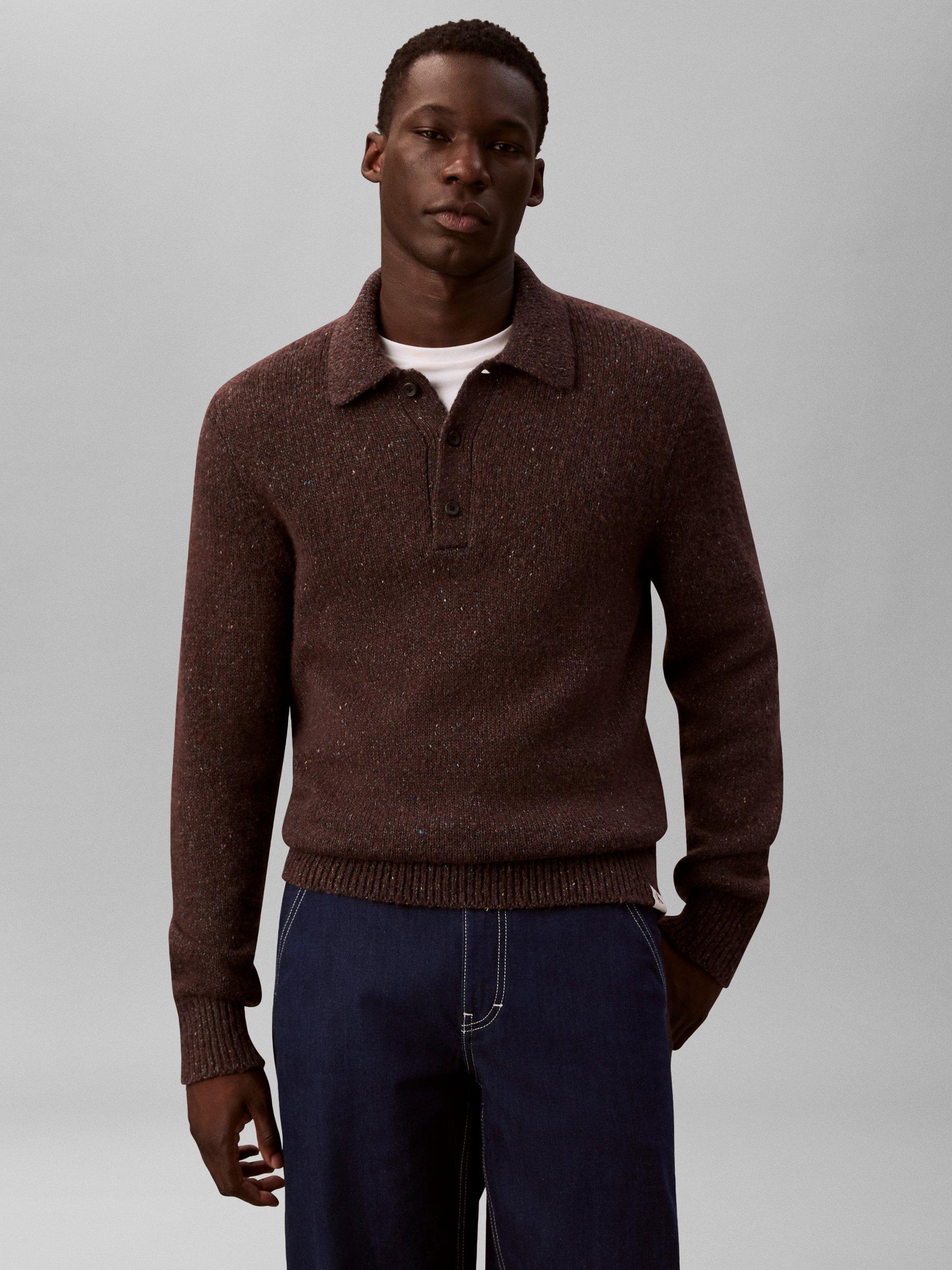 Product image 1 of 7, which shows Calvin Klein Nep Yarn Knit Polo Jumper, Brown Velvet Neps, XS