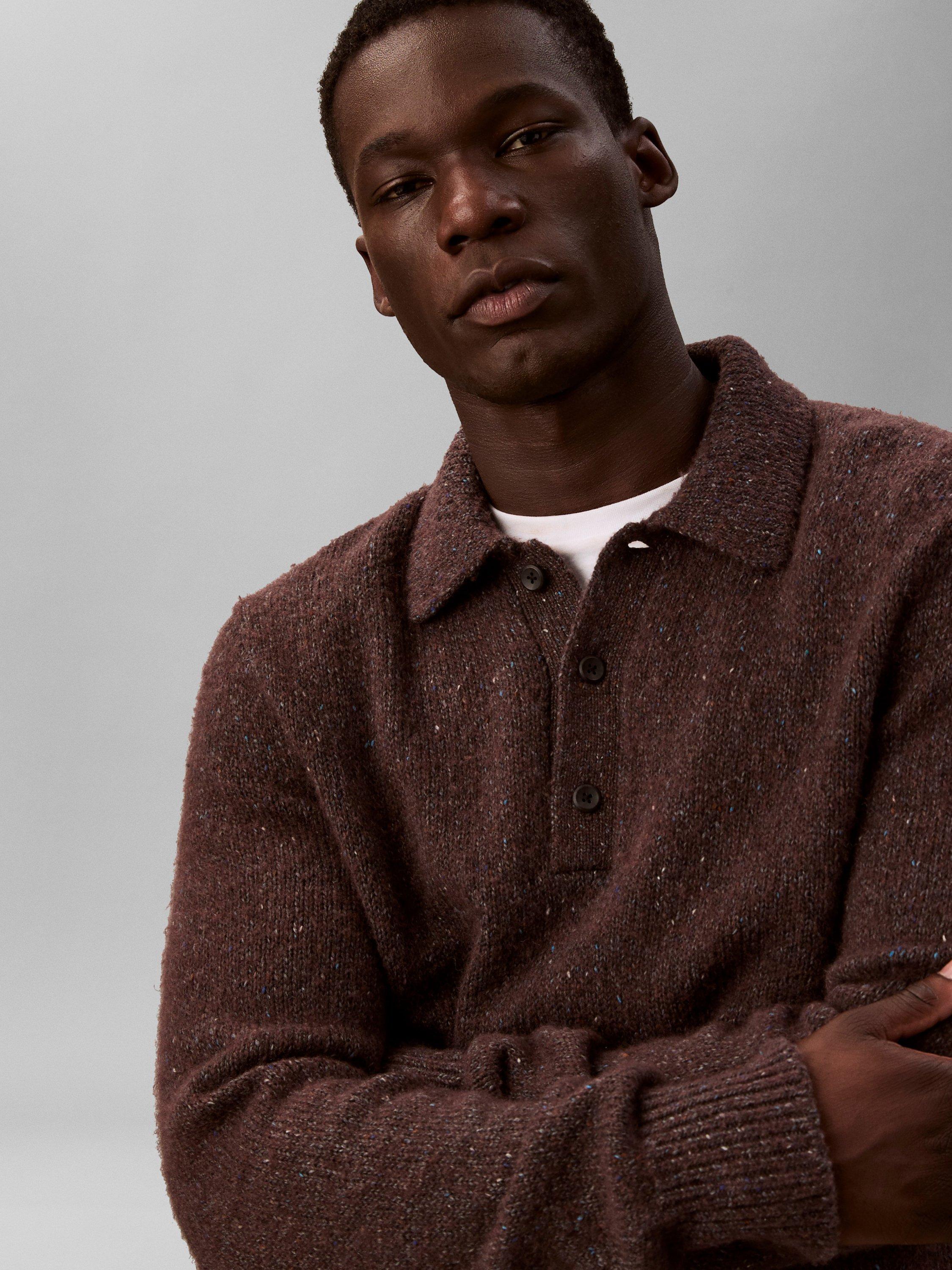 Product image 4 of 7, which shows Calvin Klein Nep Yarn Knit Polo Jumper, Brown Velvet Neps, XS