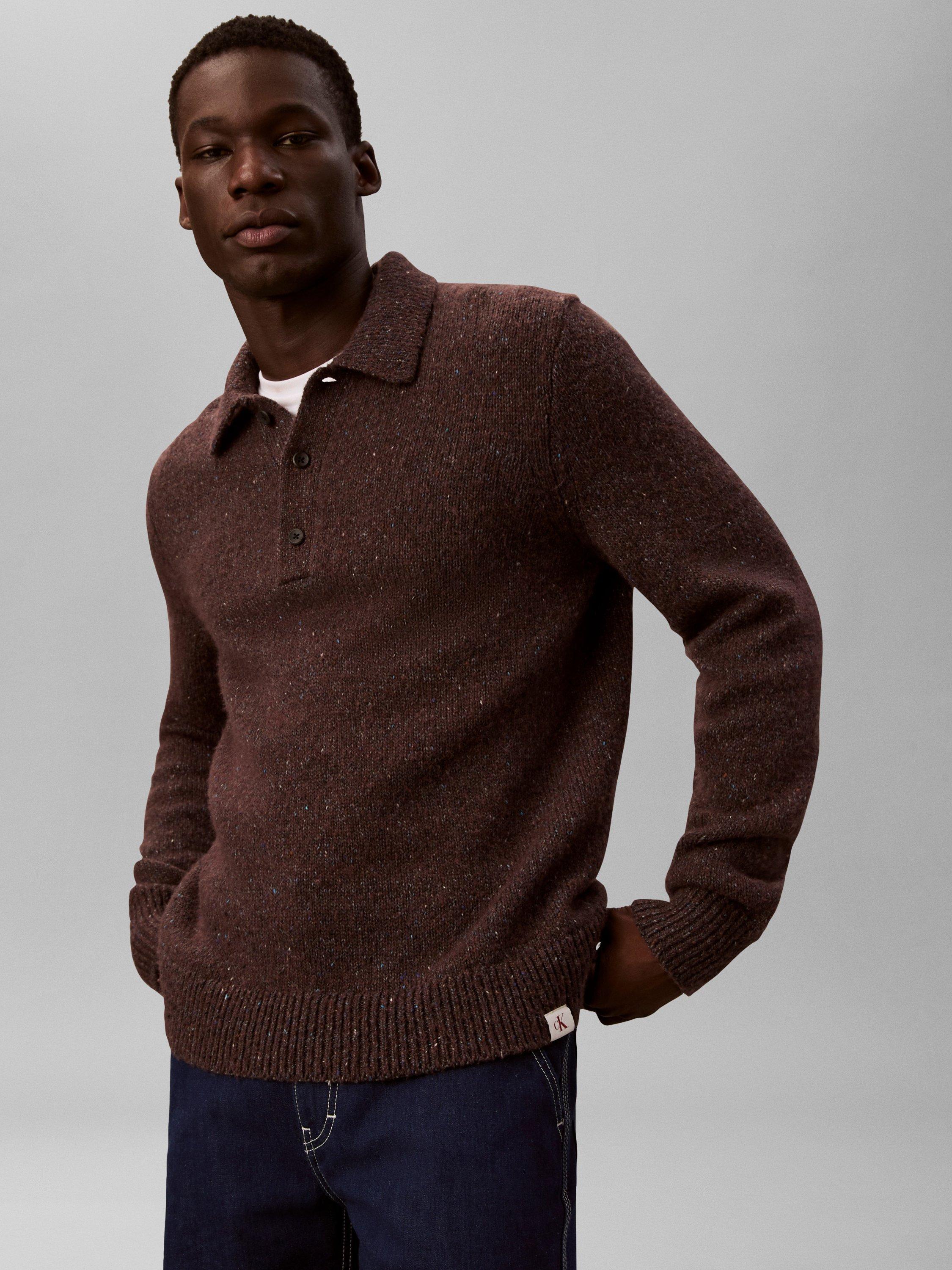 Product image 6 of 7, which shows Calvin Klein Nep Yarn Knit Polo Jumper, Brown Velvet Neps, XS