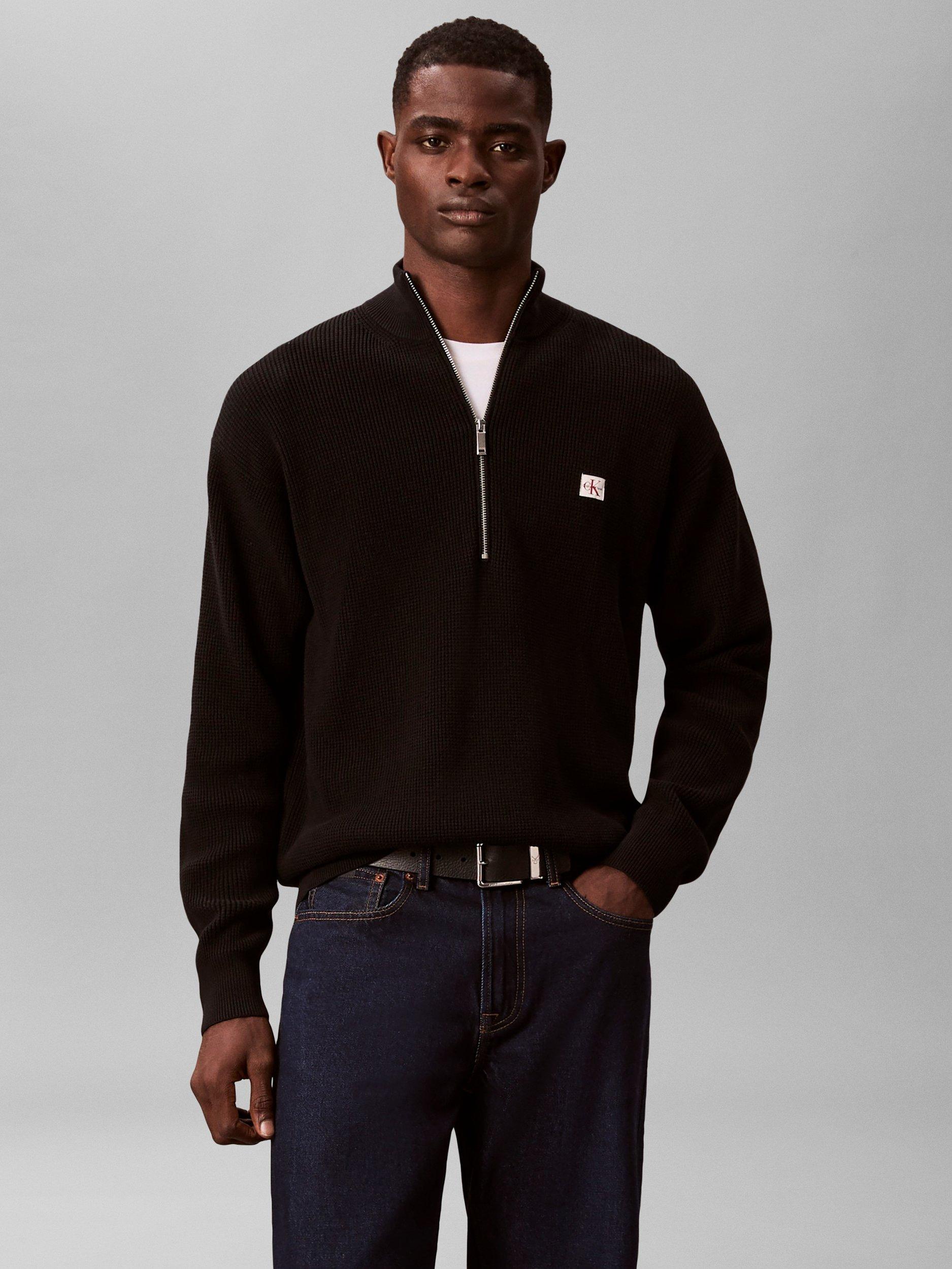 Product image 1 of 5, which shows Calvin Klein Quarter-Zip Waffle Textured Jumper, Black, XS