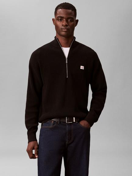 Calvin Klein Quarter-Zip Waffle Textured Jumper, Black, Black