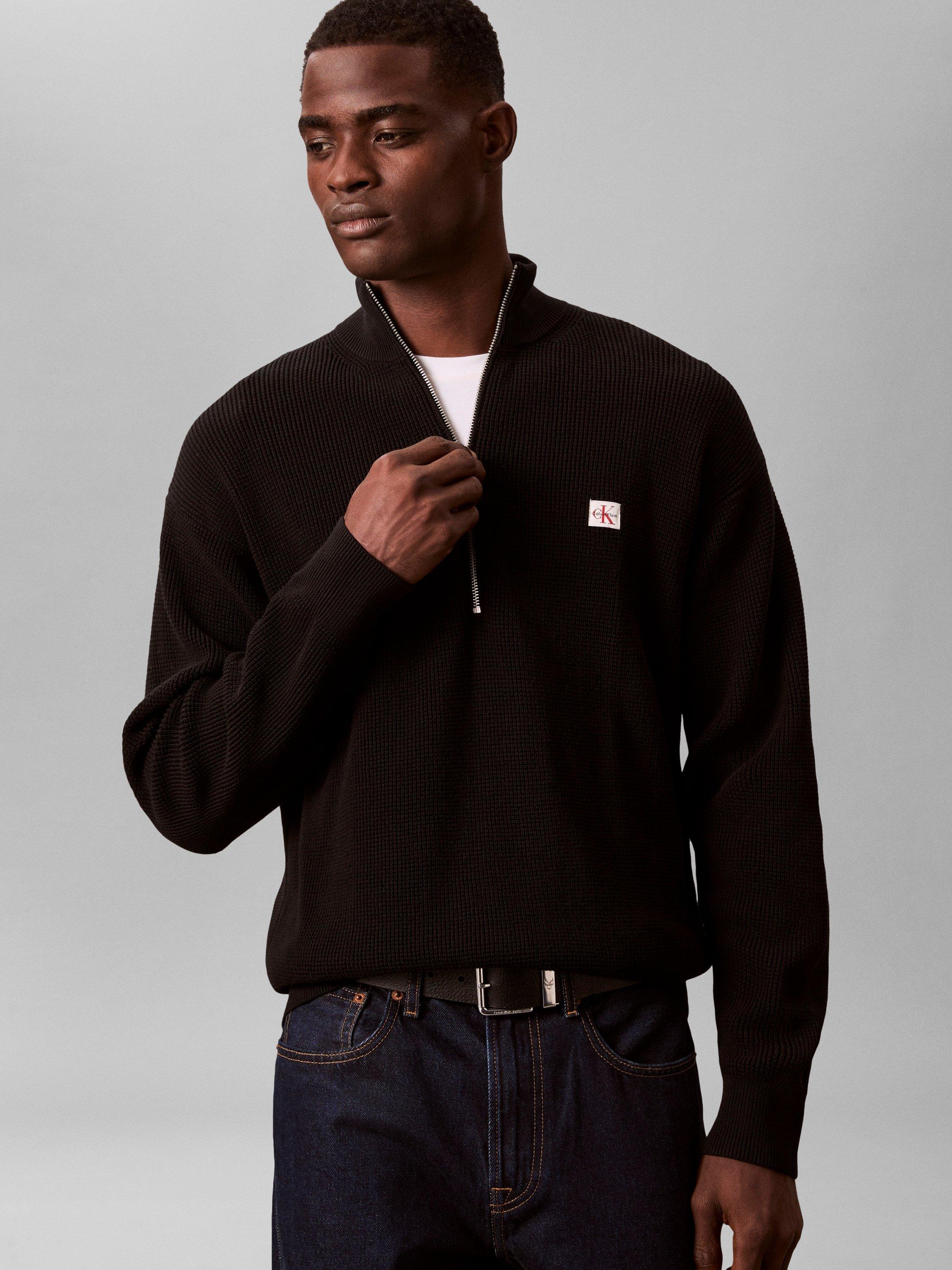 Product image 5 of 5, which shows Calvin Klein Quarter-Zip Waffle Textured Jumper, Black, XS