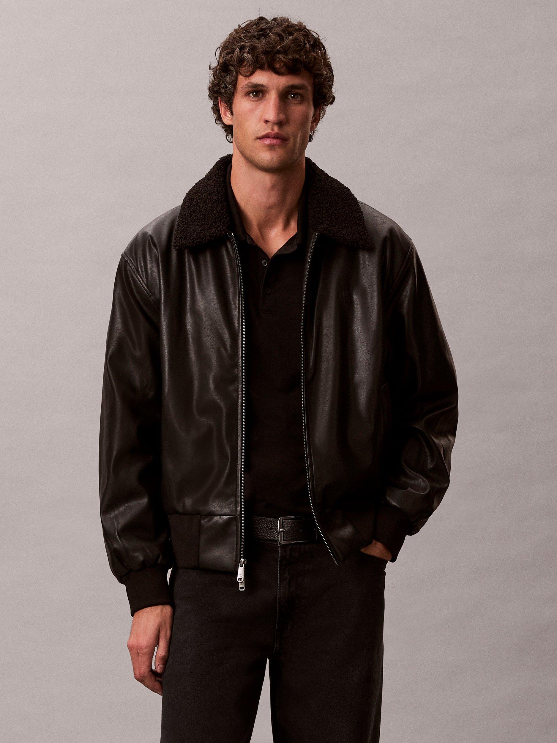 Product image 1 of 6, which shows Calvin Klein Faux Leather Flight Jacket, Black, XS