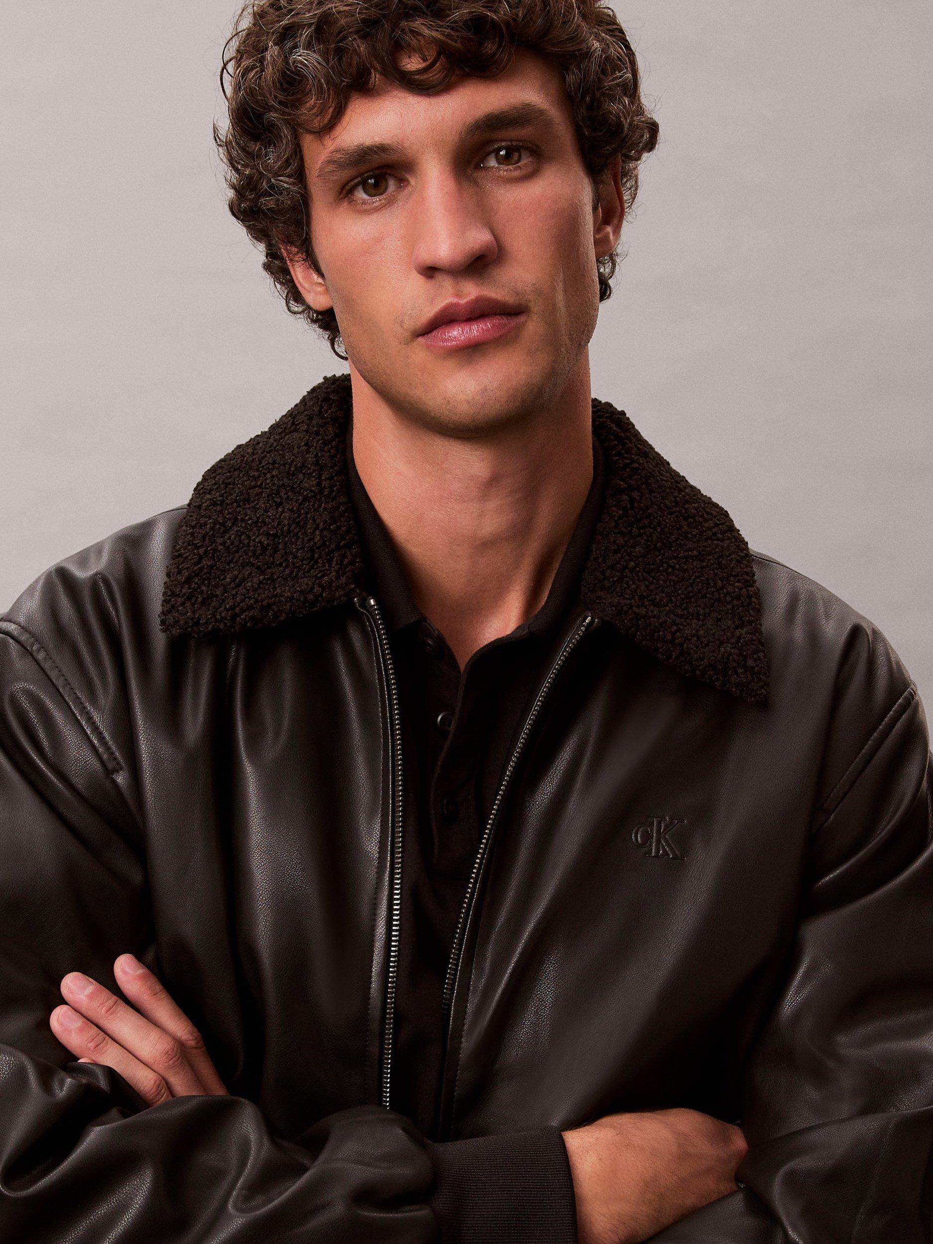 Product image 4 of 6, which shows Calvin Klein Faux Leather Flight Jacket, Black, XS