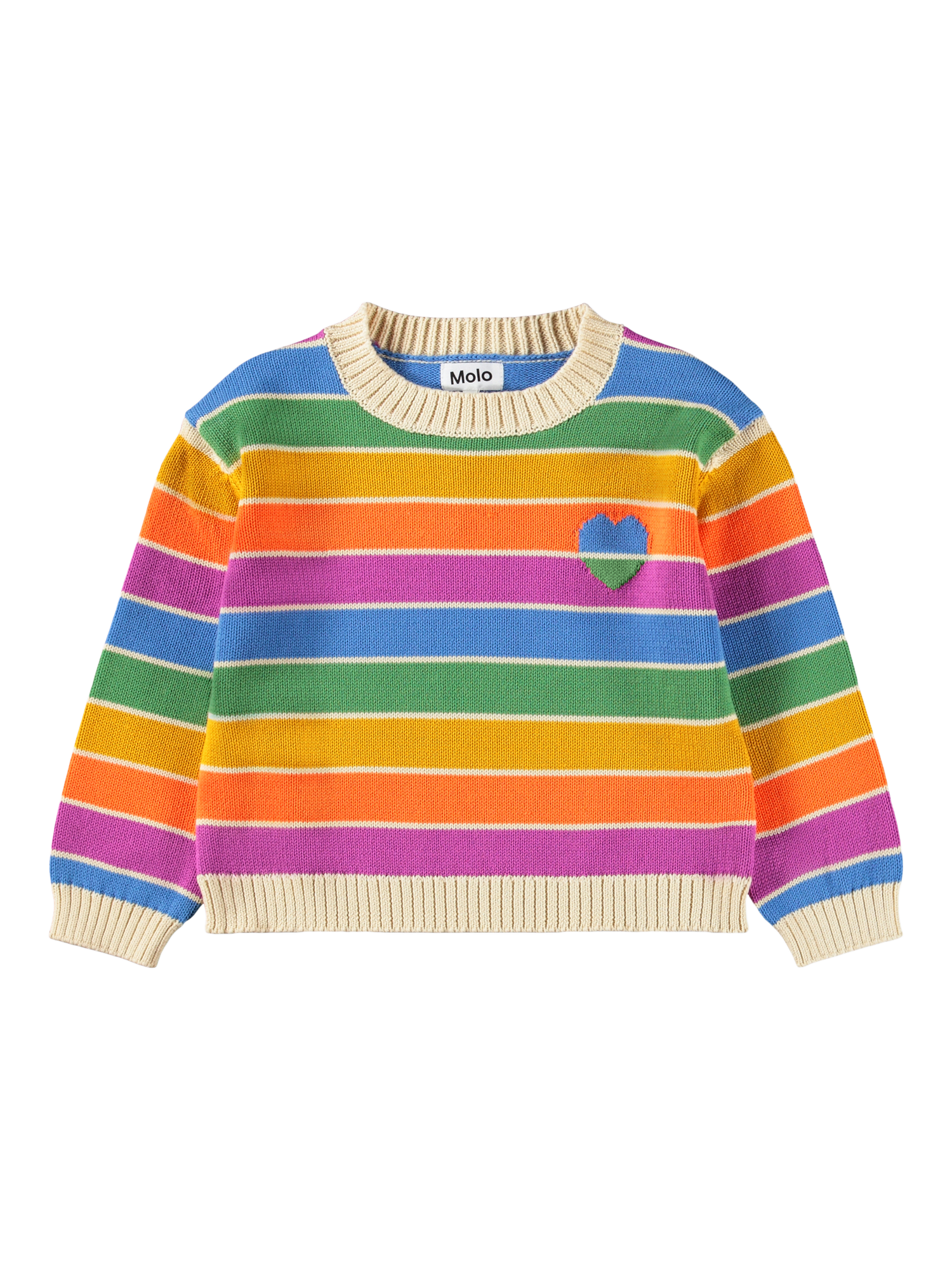 Product image 2 of 4, which shows Molo Kids' Striped Jumper, Heart Rainbow, 3-4 years