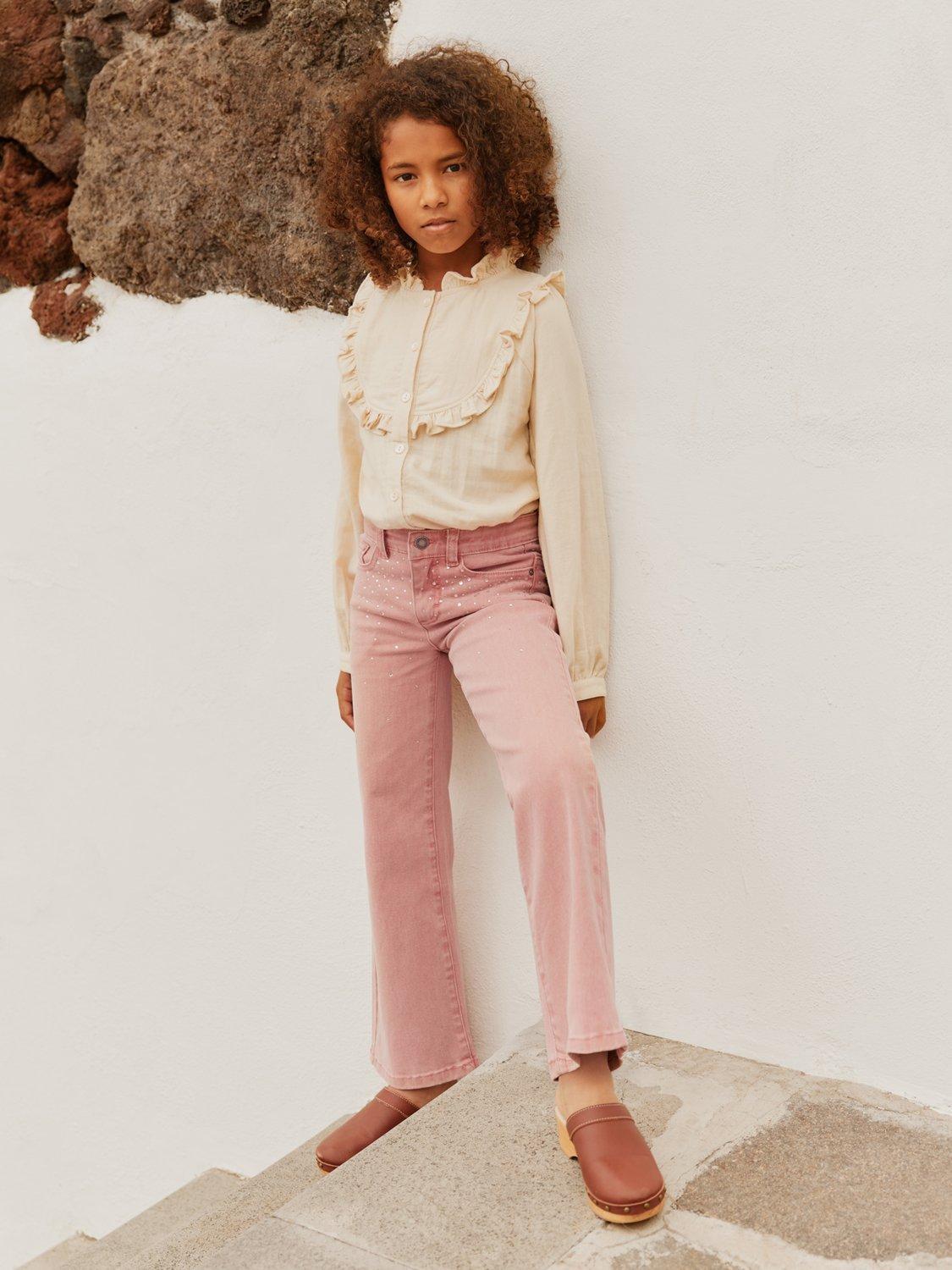 Product image 1 of 11, which shows Molo Kids' Asta Rhinestone Flared Jeans, Blush Rhinestone, 4 years