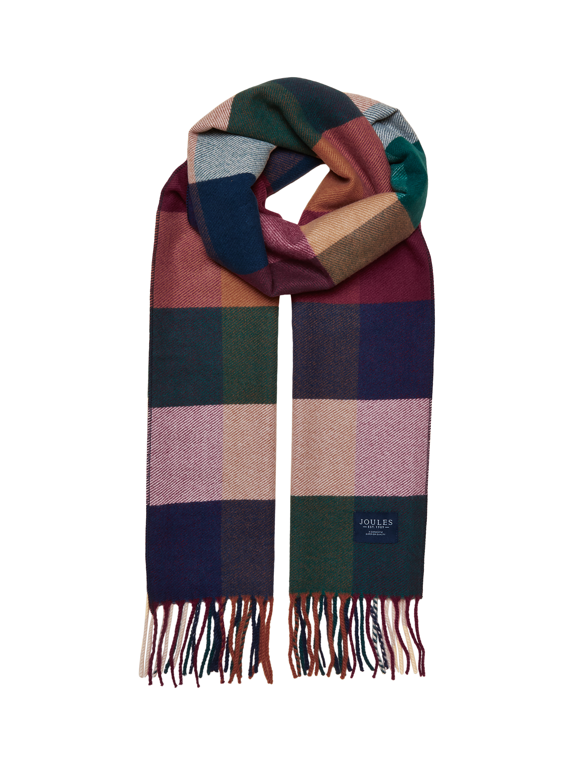 Product image 1 of 7, which shows Joules Langtree Check Scarf, Teal Blue, One Size