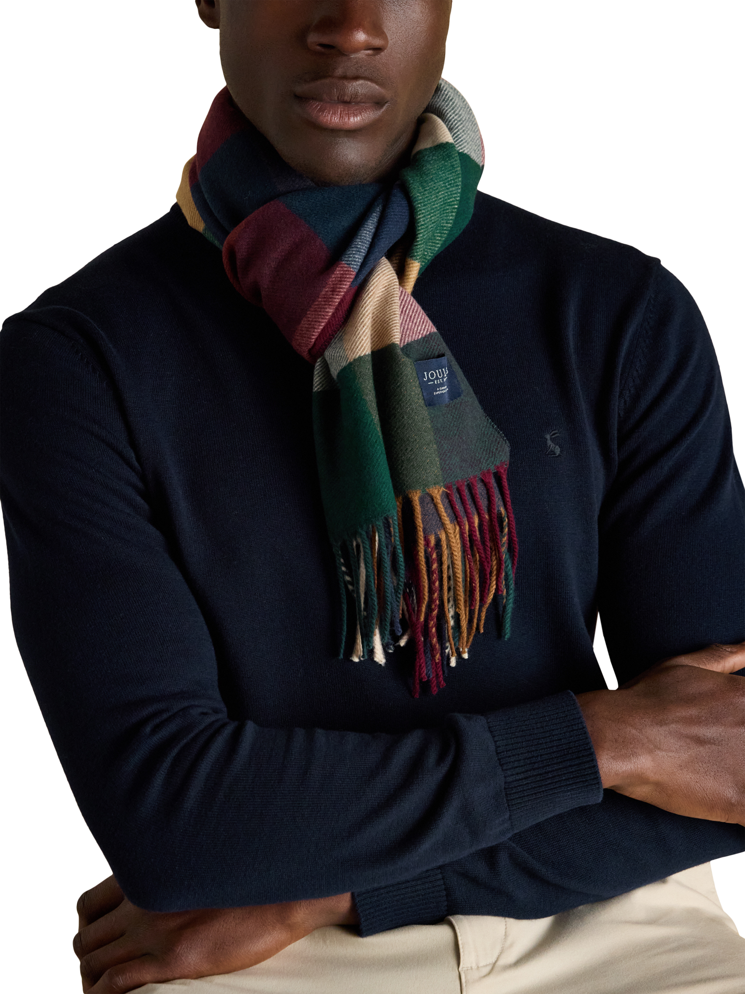 Product image 2 of 7, which shows Joules Langtree Check Scarf, Teal Blue, One Size