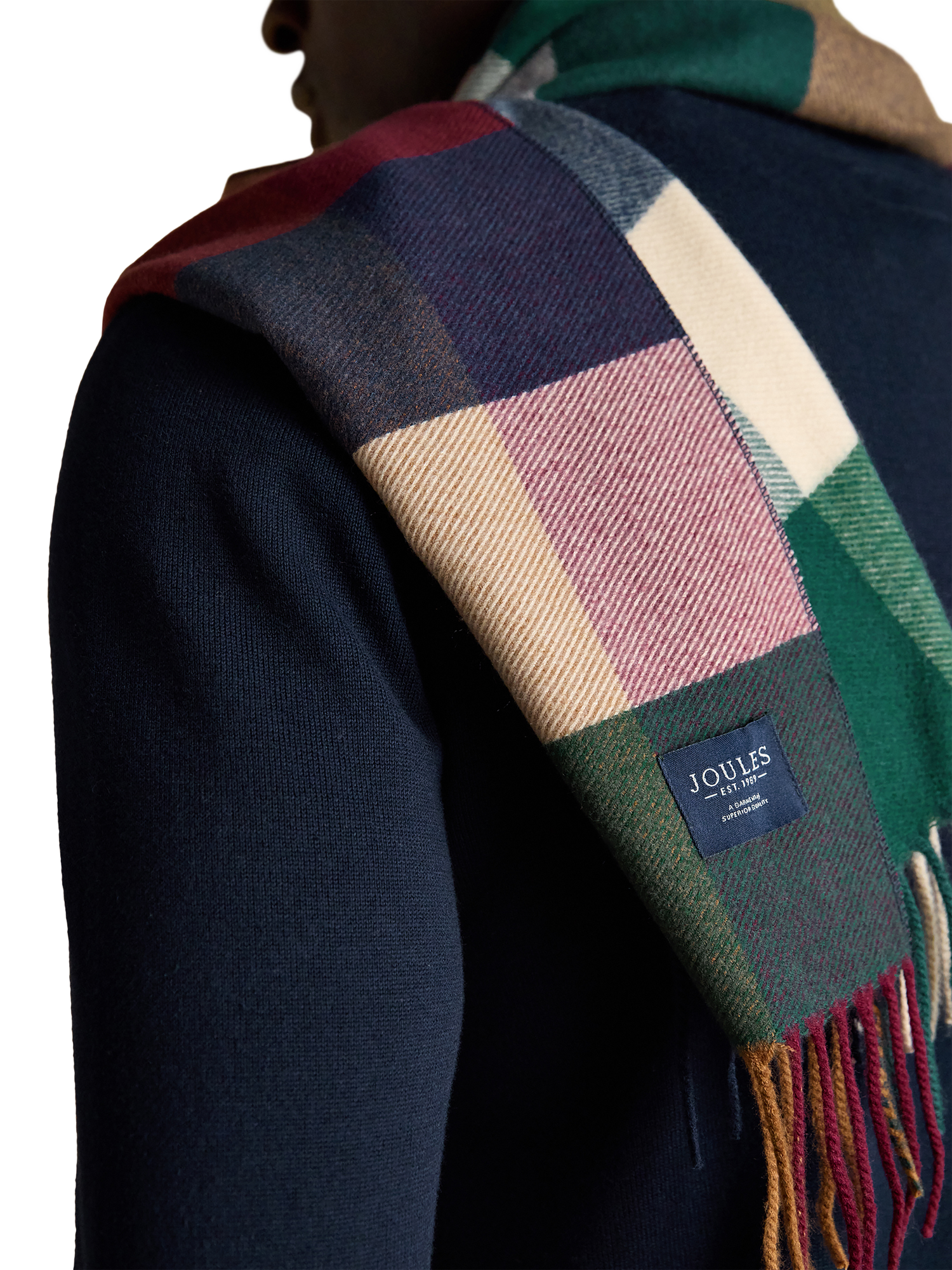 Product image 6 of 7, which shows Joules Langtree Check Scarf, Teal Blue, One Size