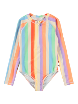 Molo Kids' Stripe Zip Neck Long Sleeve Swimsuit, Rainbow, Rainbow
