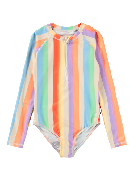 Molo Kids' Stripe Zip Neck Long Sleeve Swimsuit, Rainbow, Rainbow