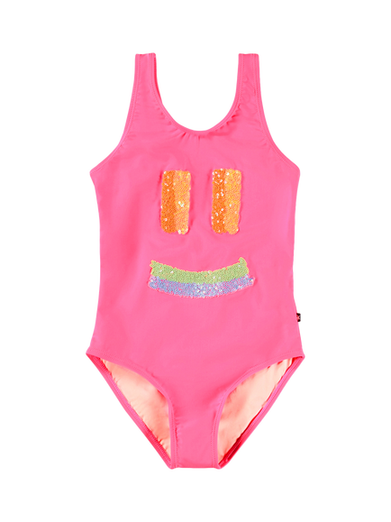 Molo Kids' Nika Sequin Smile Face Swimsuit, Pink Face, Pink Face