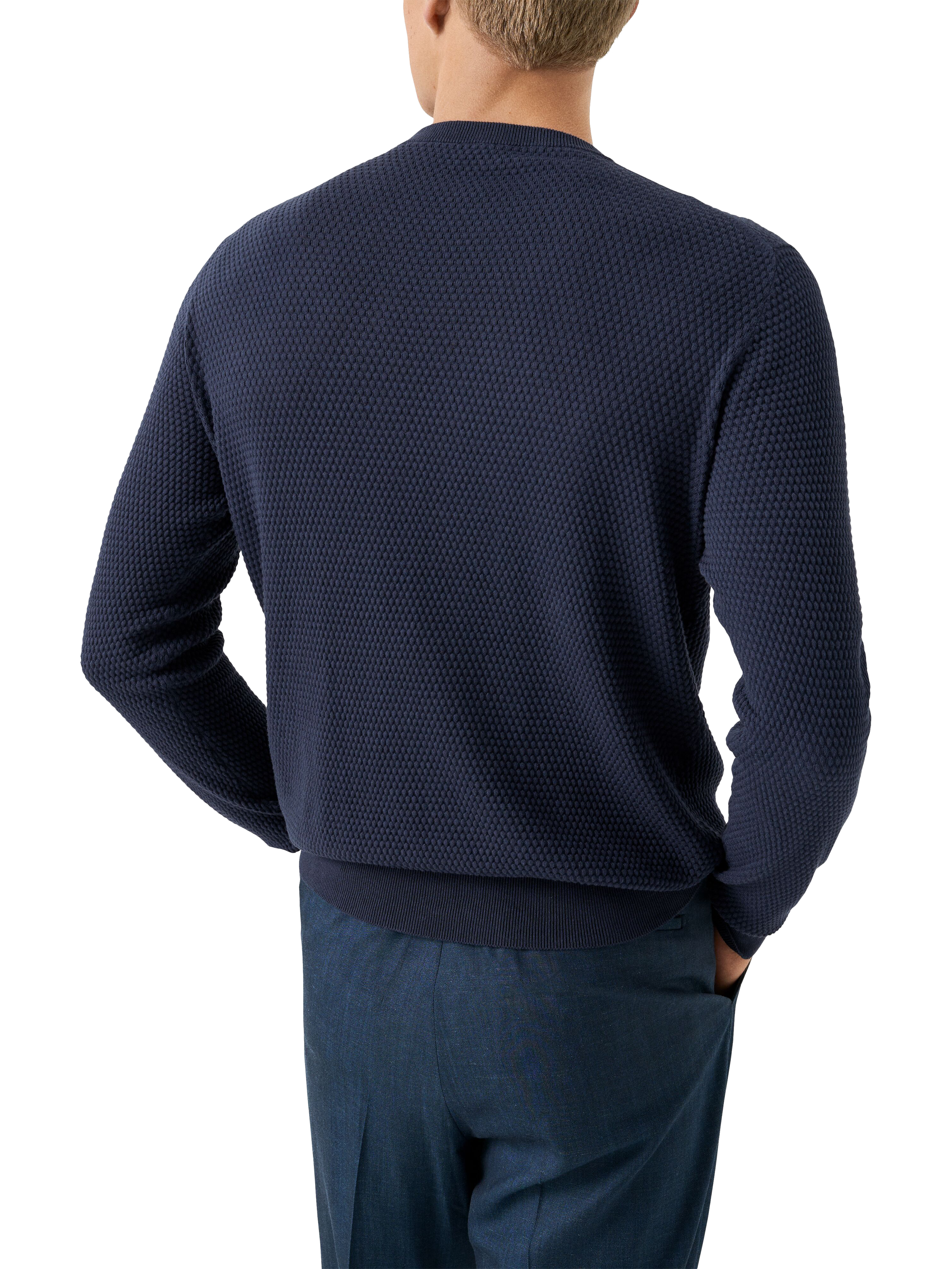 Product image 2 of 7, which shows Eton Egyptian Cotton Regular Fit Structured Crew Neck Jumper, Dark Blue, S