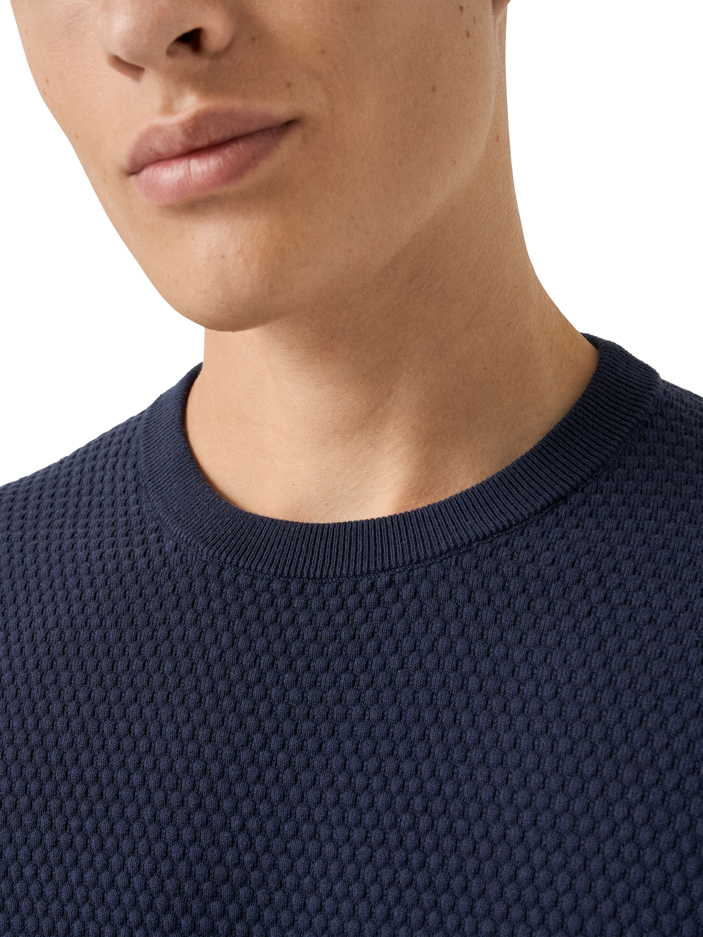 Product image 3 of 7, which shows Eton Egyptian Cotton Regular Fit Structured Crew Neck Jumper, Dark Blue, S