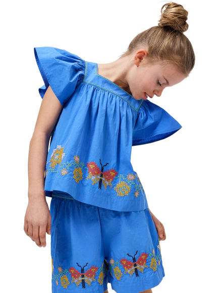 Molo Kids' Rosalyn Pure Cotton Ruffle Sleeve Top, Blue Flower, Blue