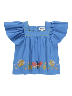 Molo Kids' Rosalyn Pure Cotton Ruffle Sleeve Top, Blue Flower - view 2, Blue Flower