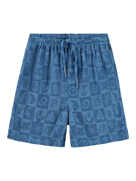 Molo Kids' Arto Cotton Symbol Print Drawstring Shorts, Blue Check - view 2, Blue Check