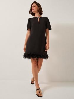 Monsoon Arlette Feather Trim Dress, Black, Black