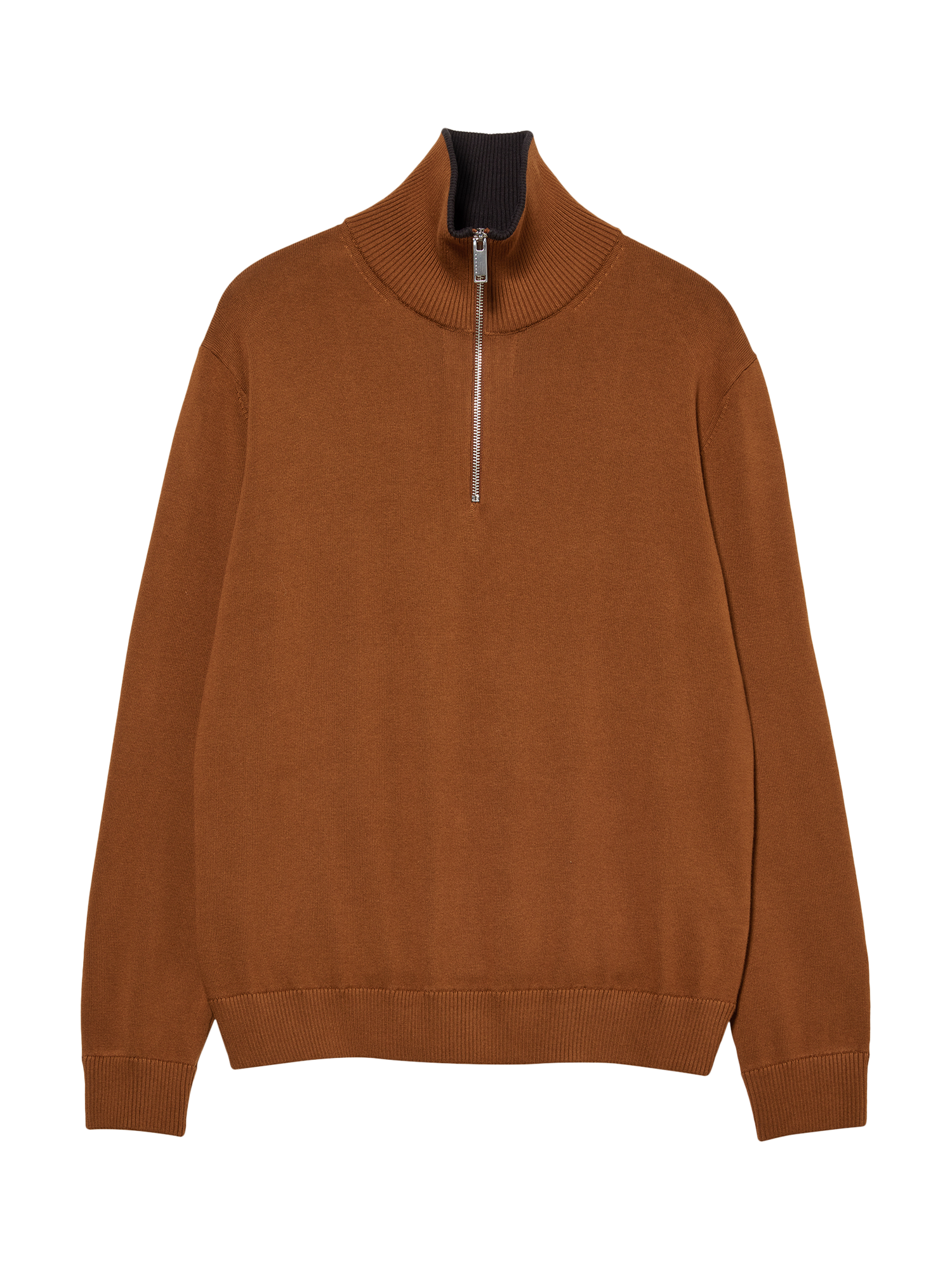 Product image 1 of 2, which shows SISLEY Cotton Blend Fine Knit Zip-Neck Jumper, Tobacco Brown, XL