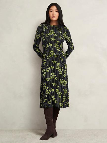 Hobbs Alison Botanical Jersey Dress containing LENZING™ ECOVERO™ Viscose, Navy/Green, Navy/Green