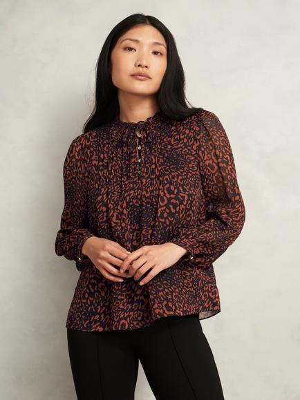 Hobbs Carolina Blouson Sleeve Animal Print Blouse, Black/Copper, Black/Copper