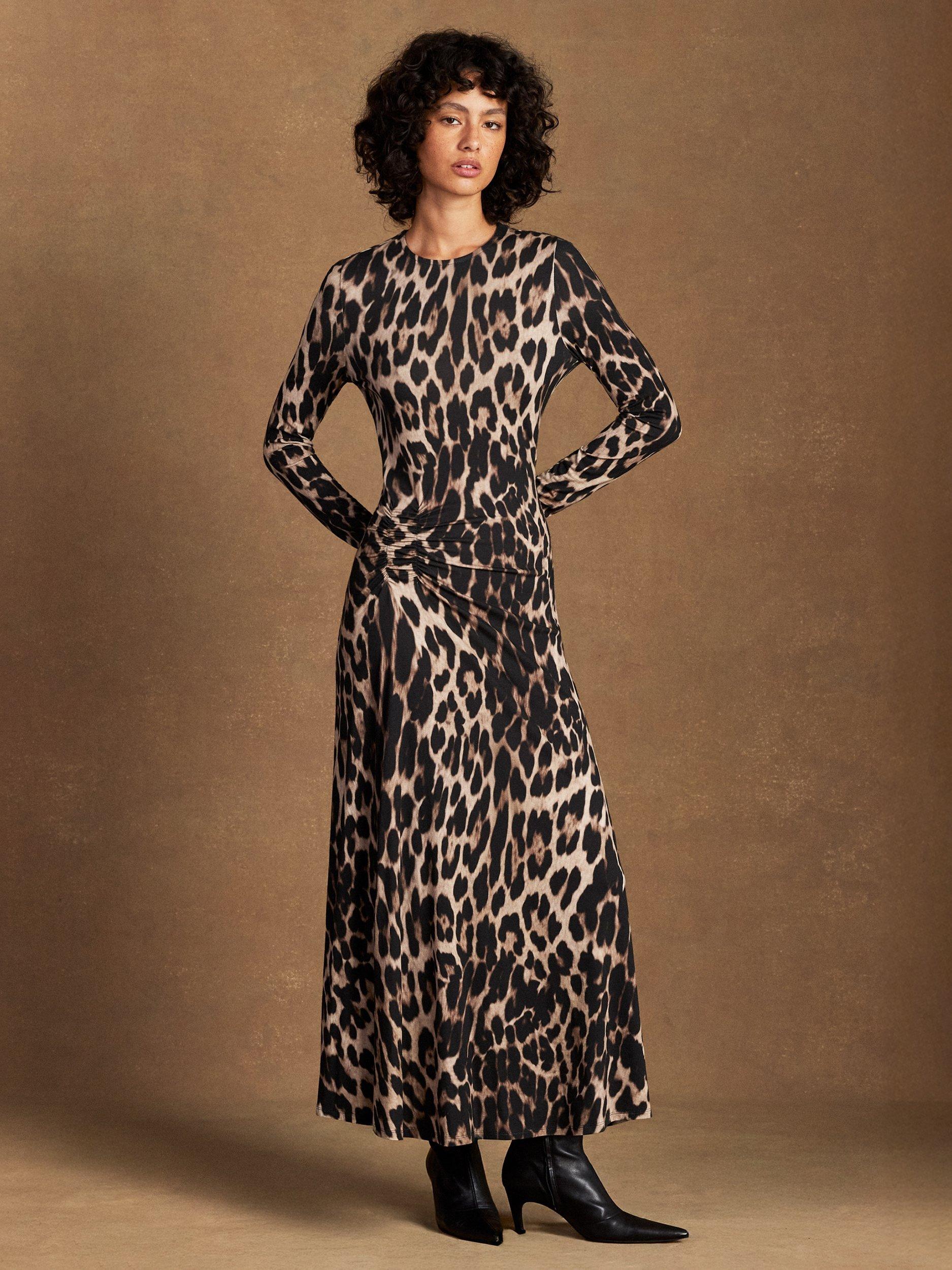 Product image 1 of 6, which shows Ro&Zo Leopard Print Ruched Maxi Dress, Brown, 6