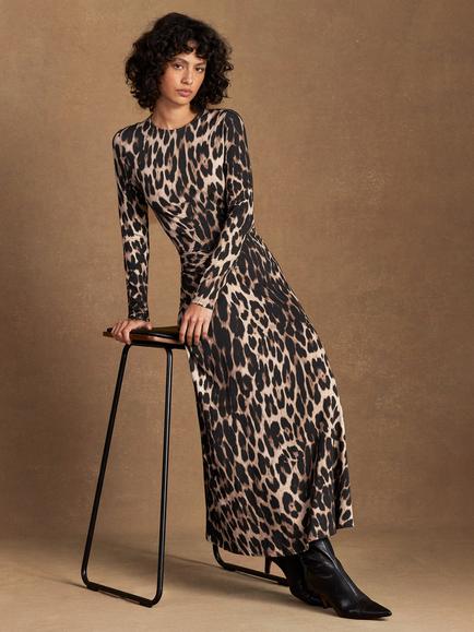 Ro&Zo Leopard Print Ruched Maxi Dress, Brown - view 2, Brown