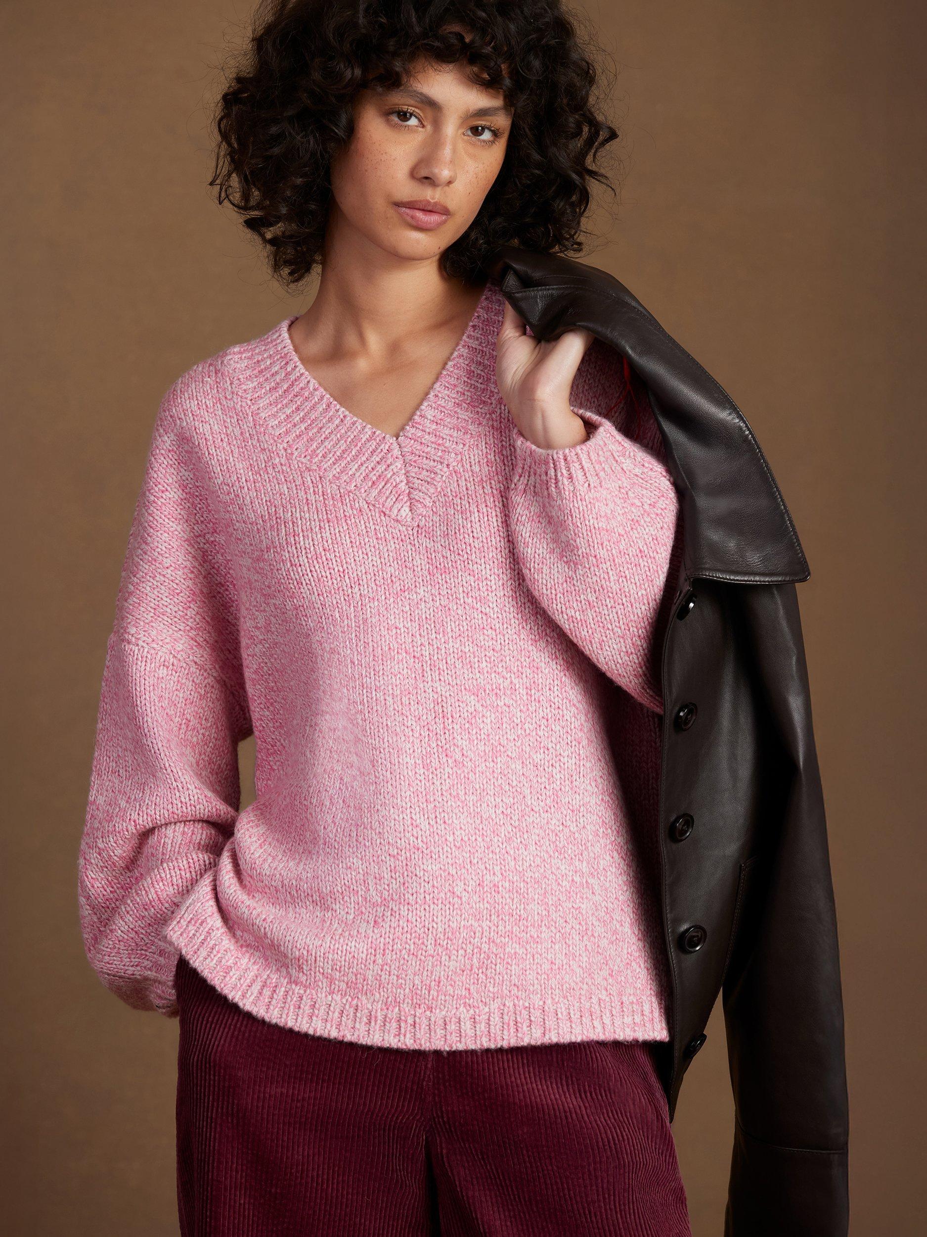 Product image 2 of 6, which shows Ro&Zo V-Neck Knit Jumper with Wool, Pink, XS