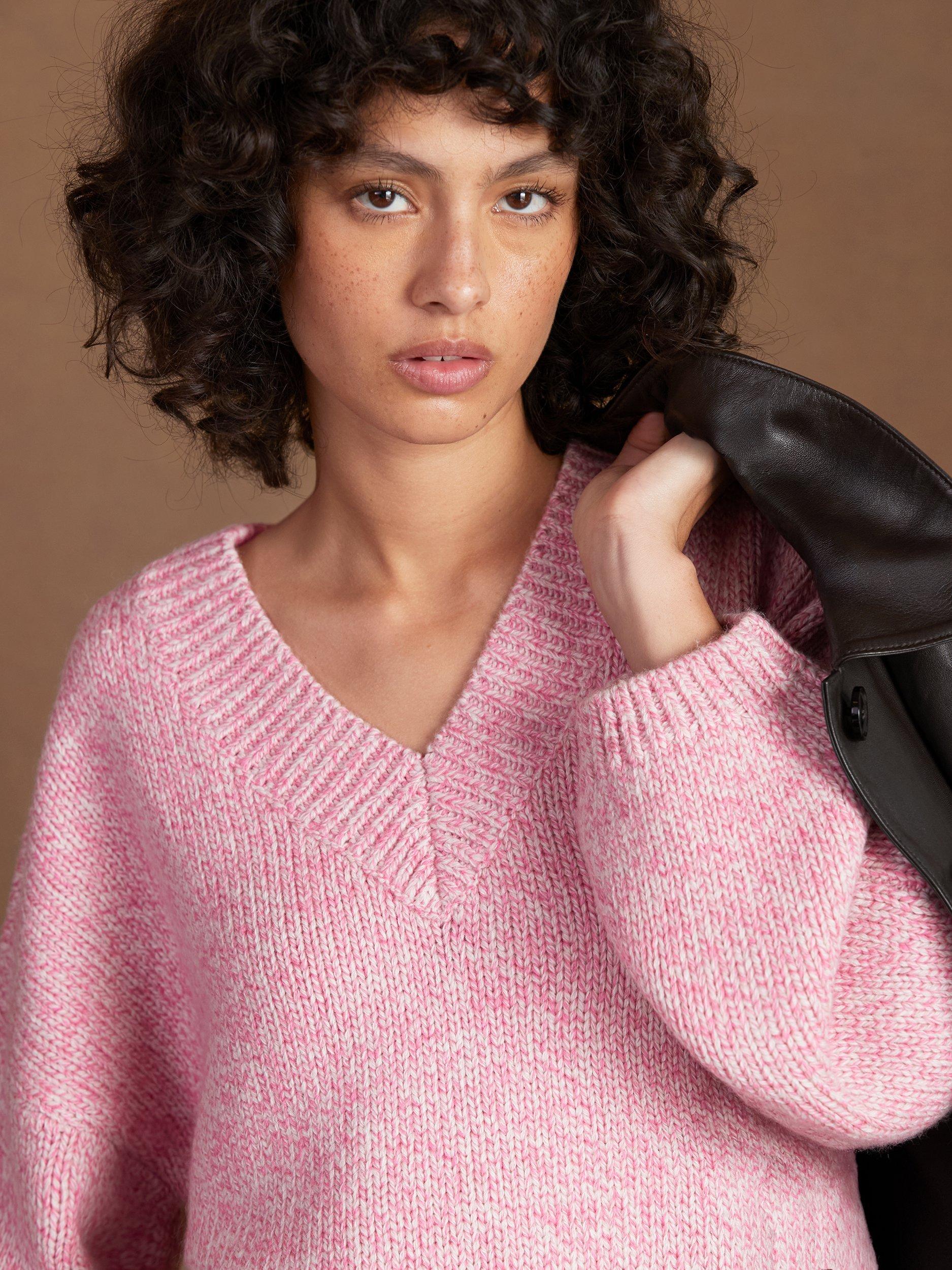 Product image 4 of 6, which shows Ro&Zo V-Neck Knit Jumper with Wool, Pink, XS