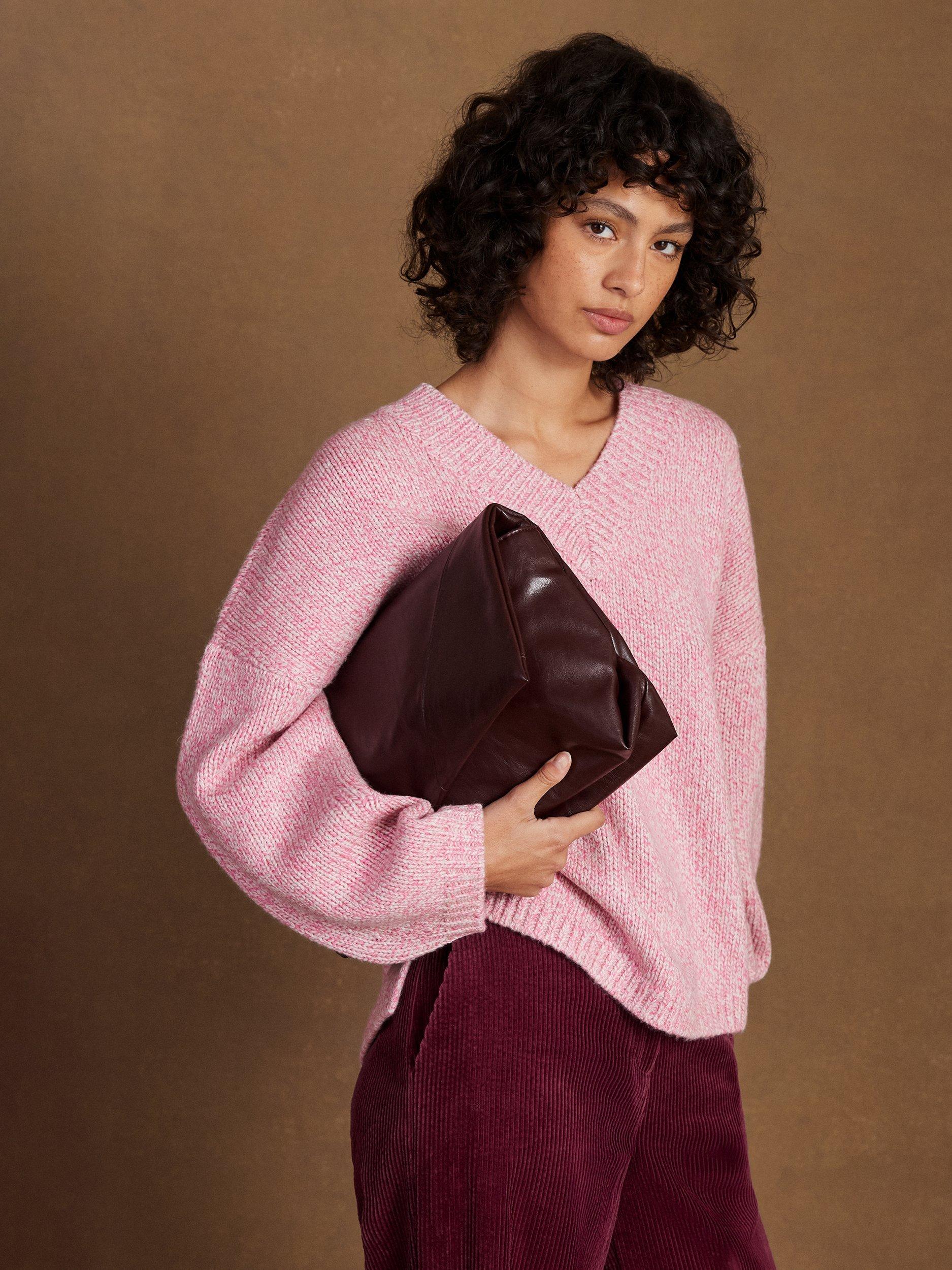 Product image 5 of 6, which shows Ro&Zo V-Neck Knit Jumper with Wool, Pink, XS