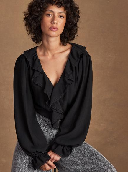 Ro&Zo V-Neck Ruffle Front Top, Black, Black