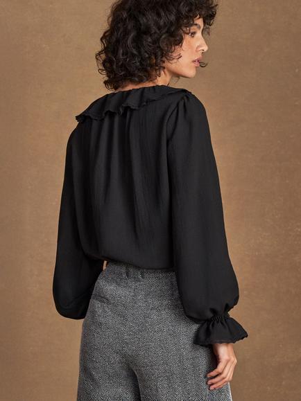 Ro&Zo V-Neck Ruffle Front Top, Black - view 2, Black