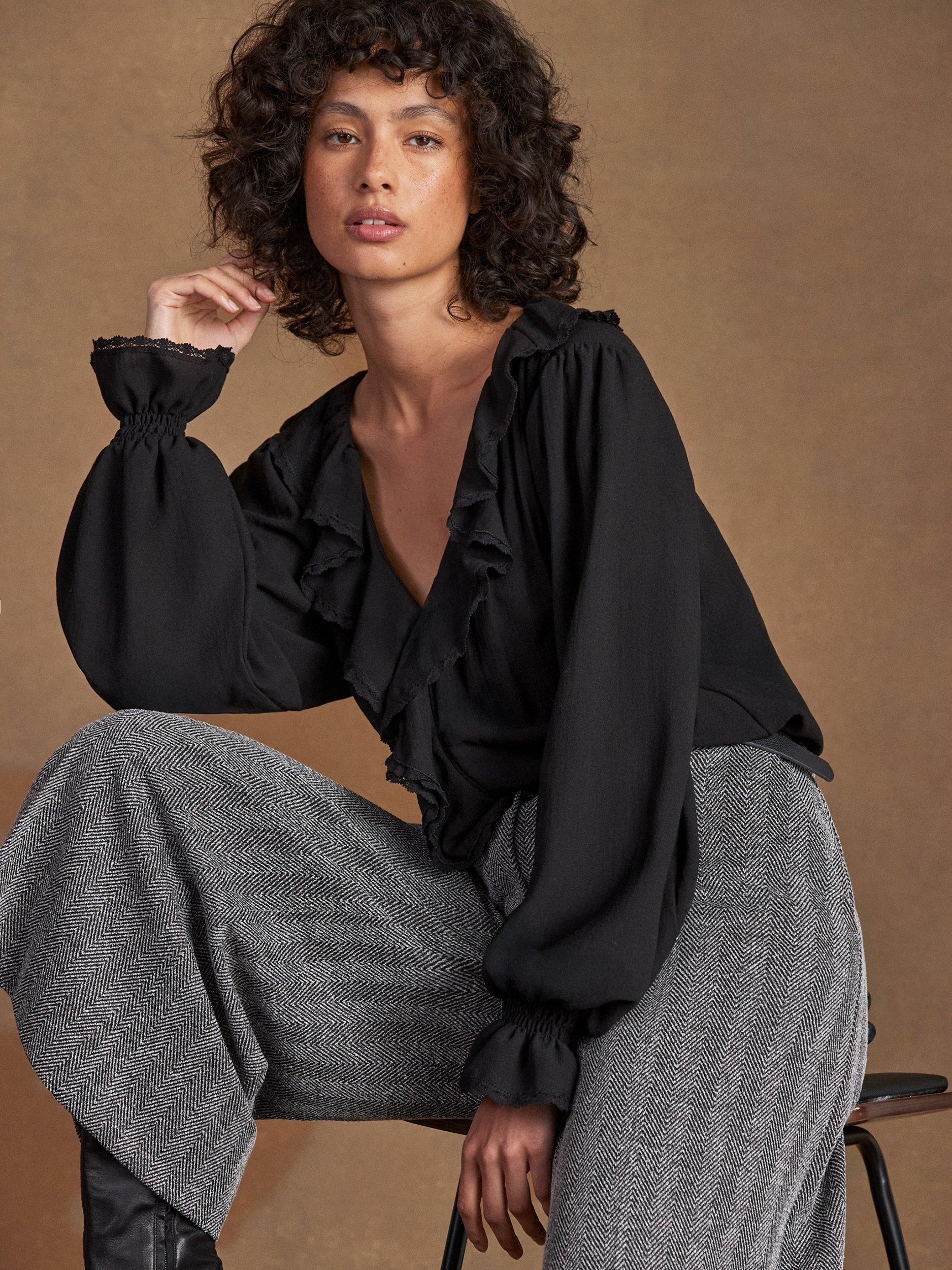 Product image 5 of 6, which shows Ro&Zo V-Neck Ruffle Front Top, Black, 6