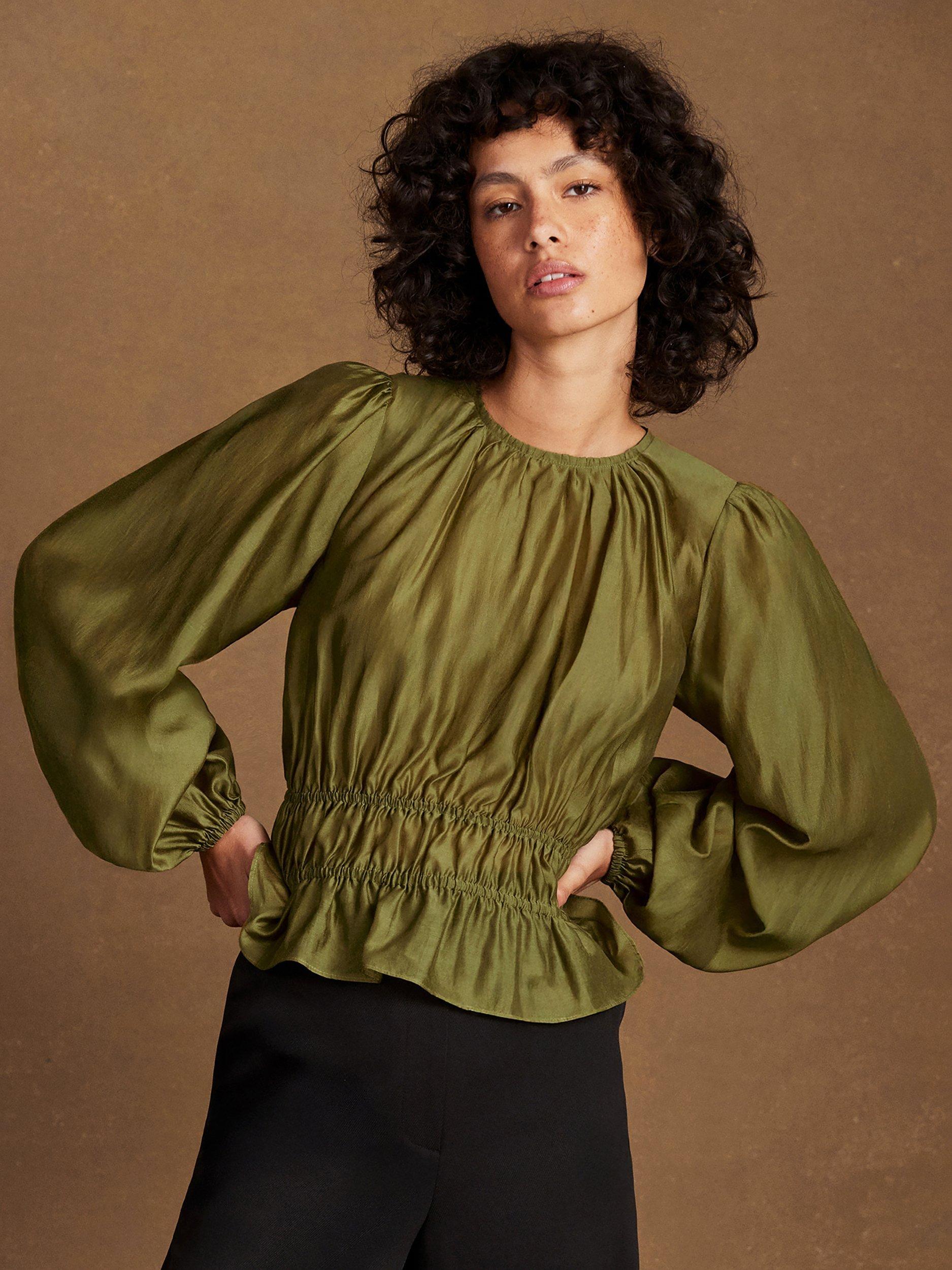 Product image 1 of 5, which shows Ro&Zo Gathered Peplum Blouse, Green, 6