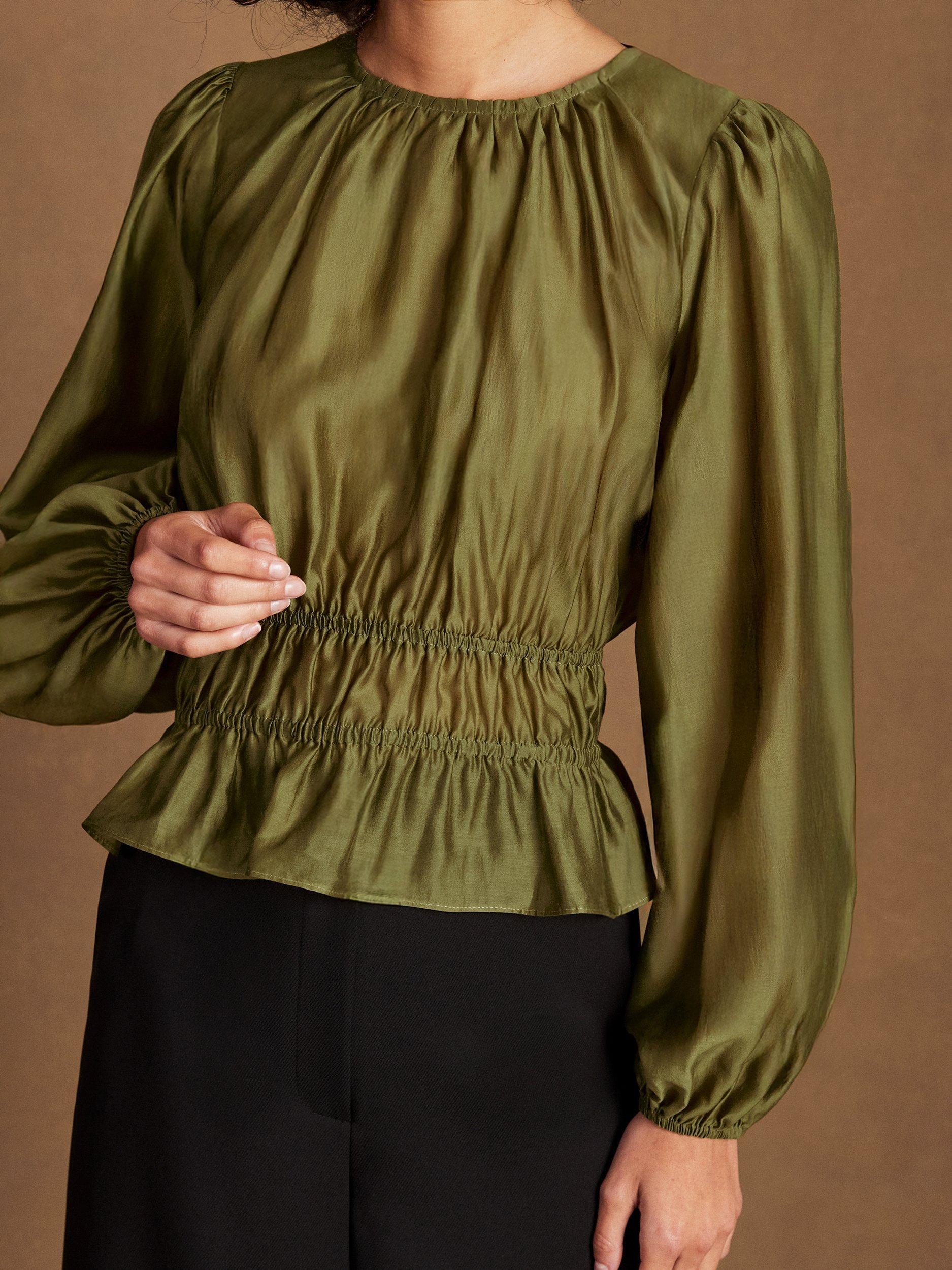 Product image 3 of 5, which shows Ro&Zo Gathered Peplum Blouse, Green, 6