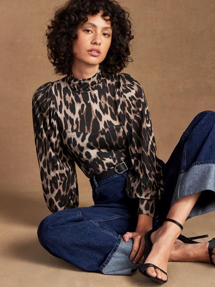Ro&Zo Puff Sleeve Leopard Print Top, Brown/Multi, Brown/Multi