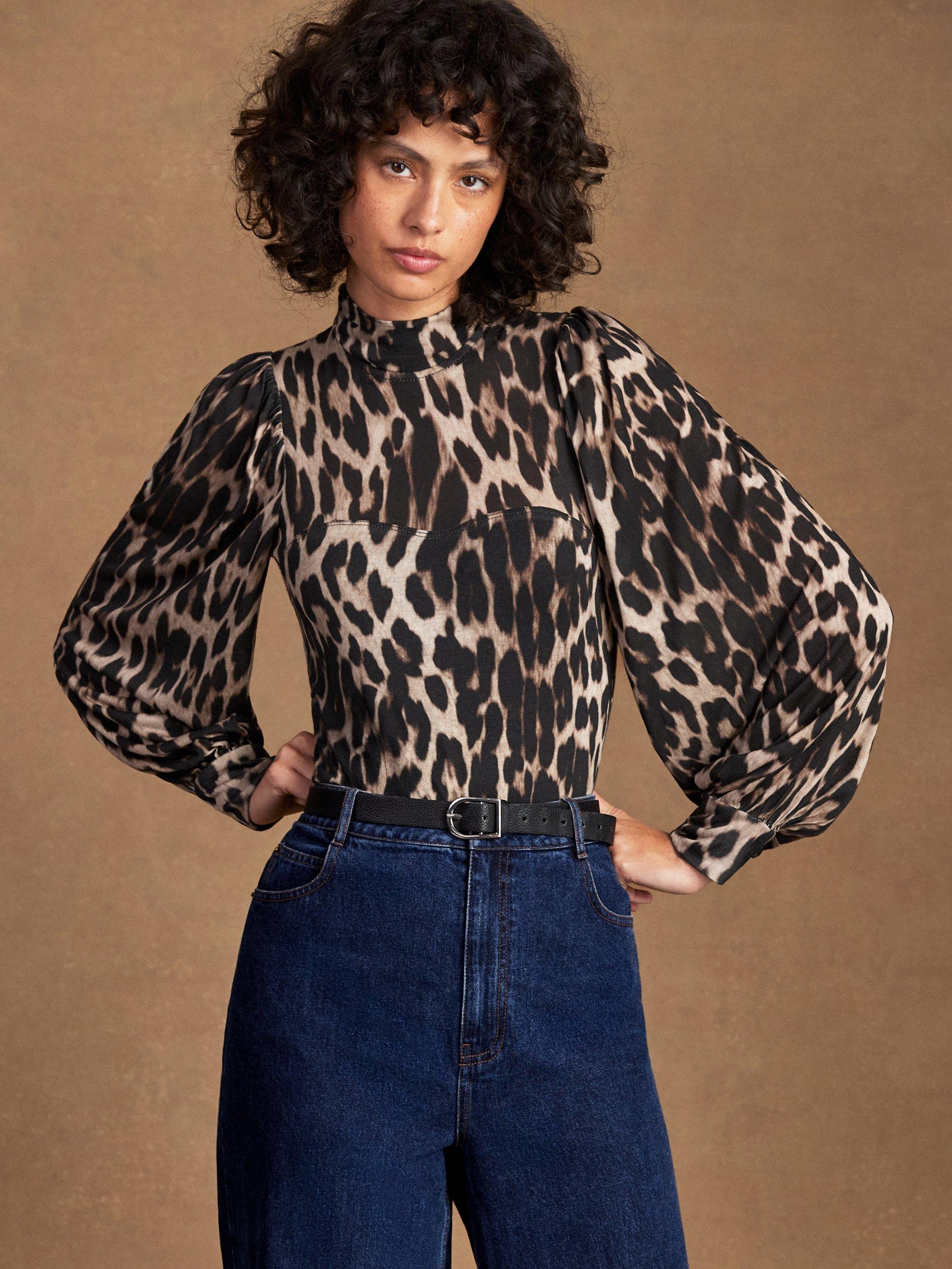 Product image 2 of 5, which shows Ro&Zo Puff Sleeve Leopard Print Top, Brown/Multi, 6