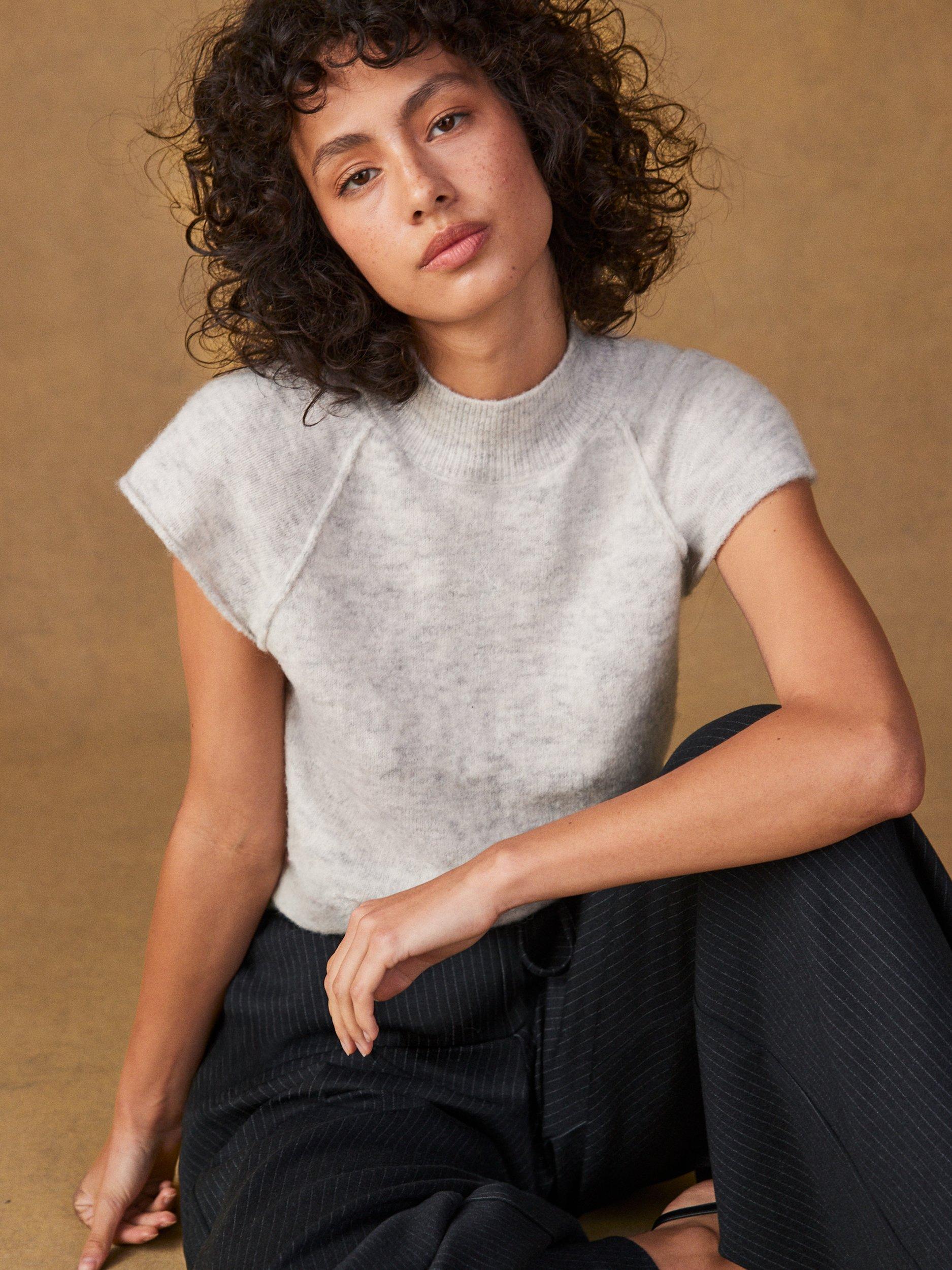 Product image 2 of 4, which shows Ro&Zo Roll Neck Knit Short Sleeve Top, Grey, XS