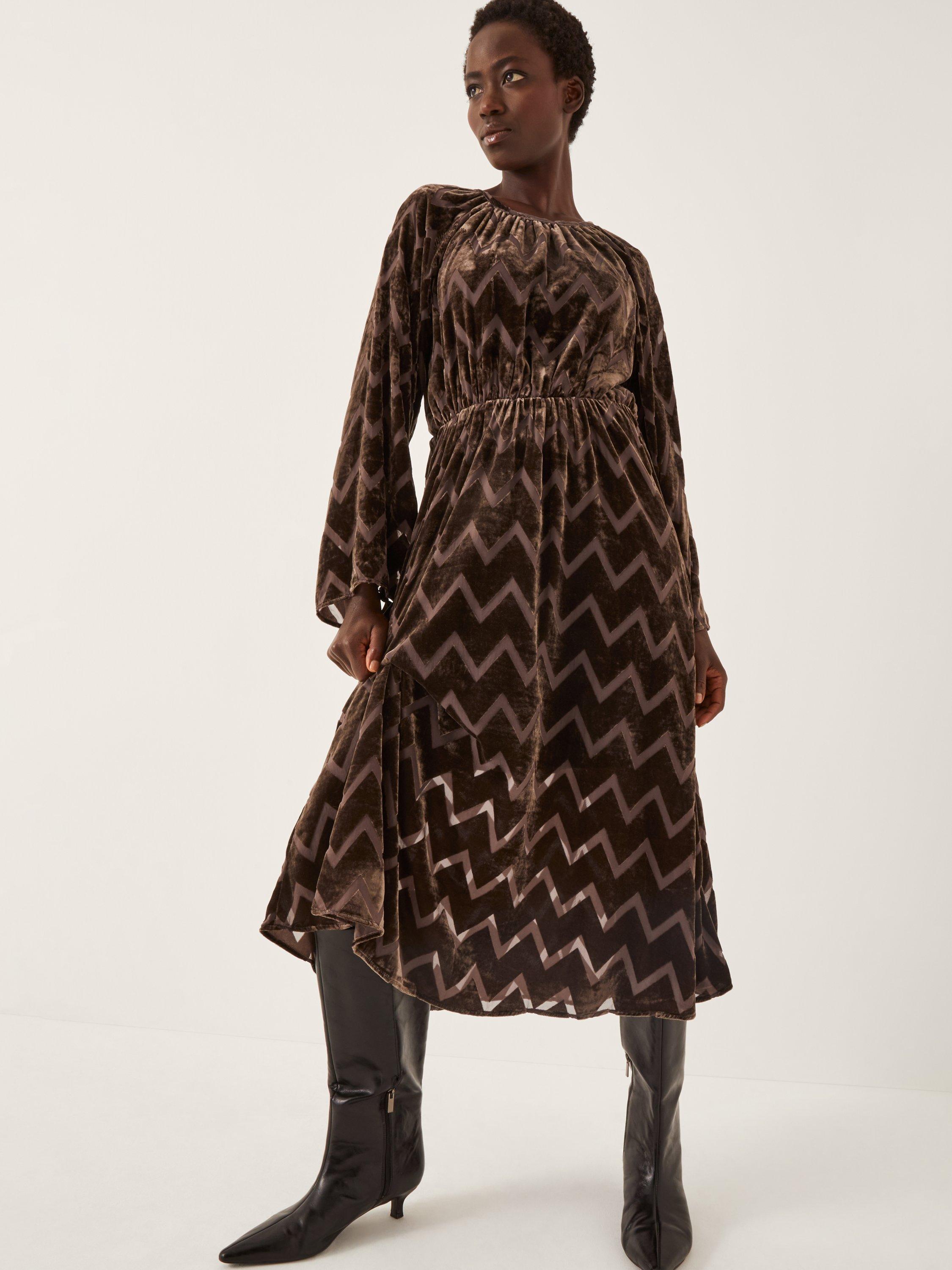 Product image 1 of 5, which shows Monsoon Keisha Geometric Dress, Chocolate, S