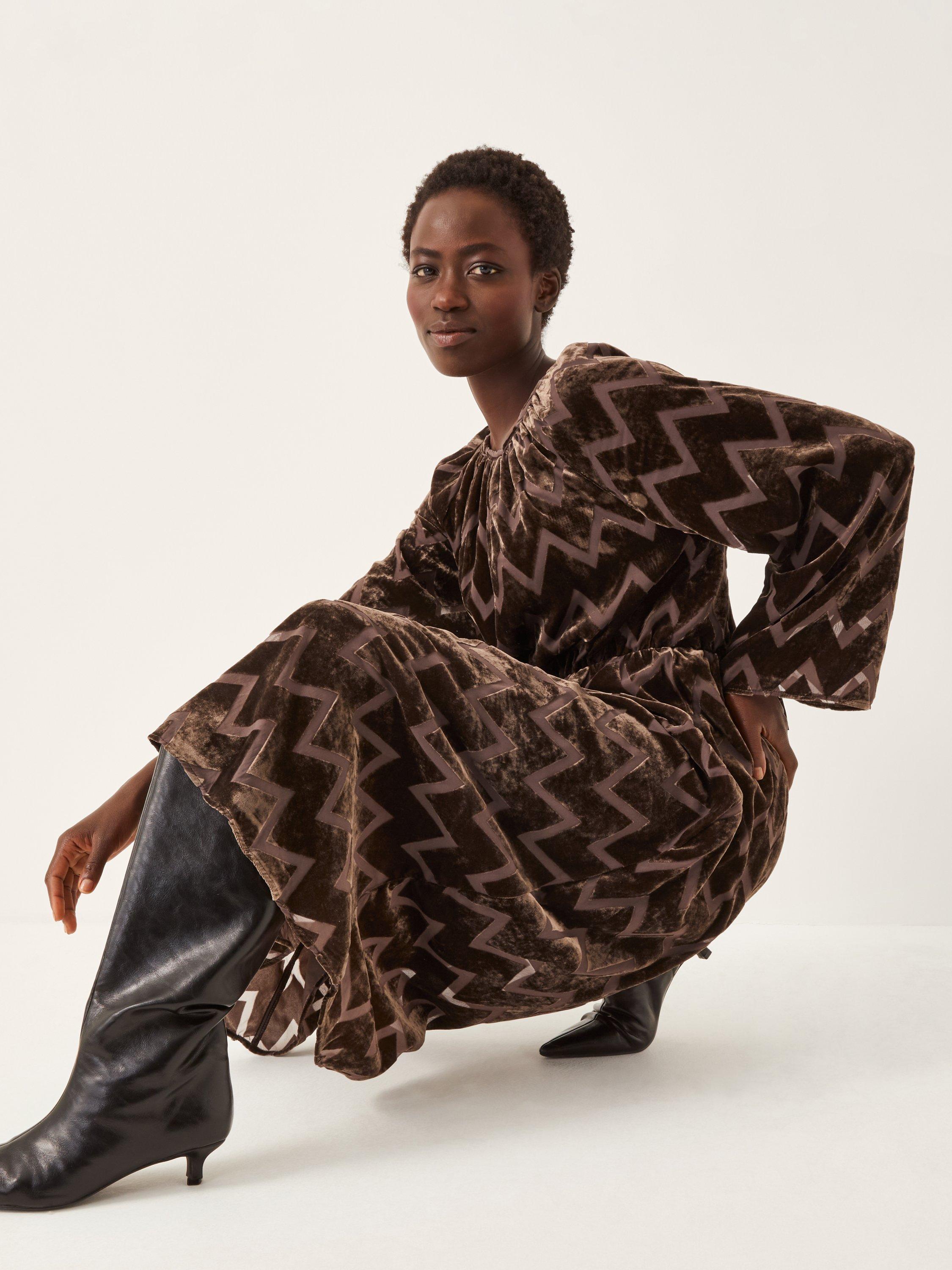 Product image 3 of 5, which shows Monsoon Keisha Geometric Dress, Chocolate, S
