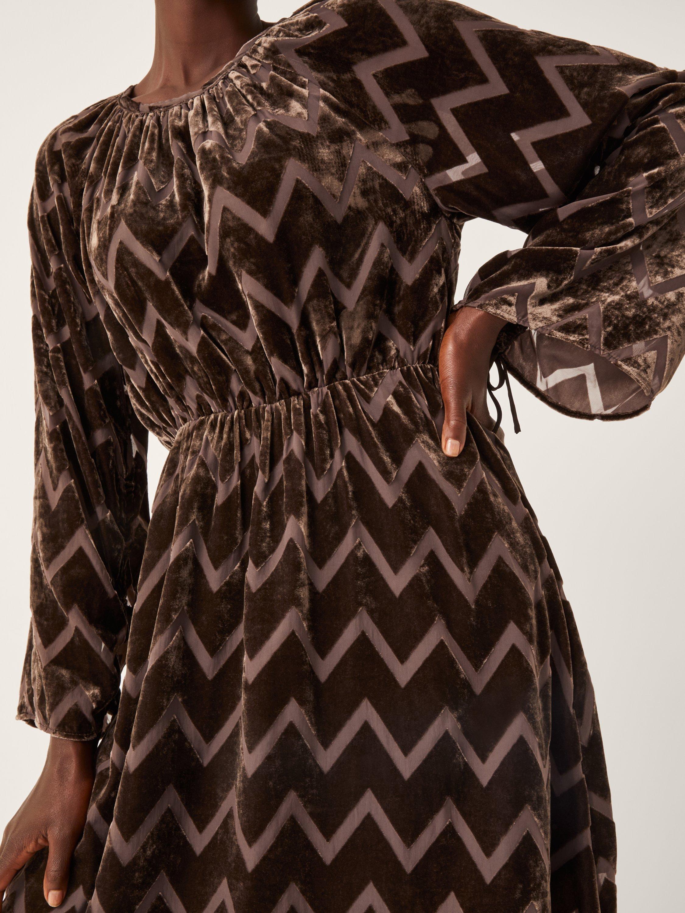 Product image 4 of 5, which shows Monsoon Keisha Geometric Dress, Chocolate, S